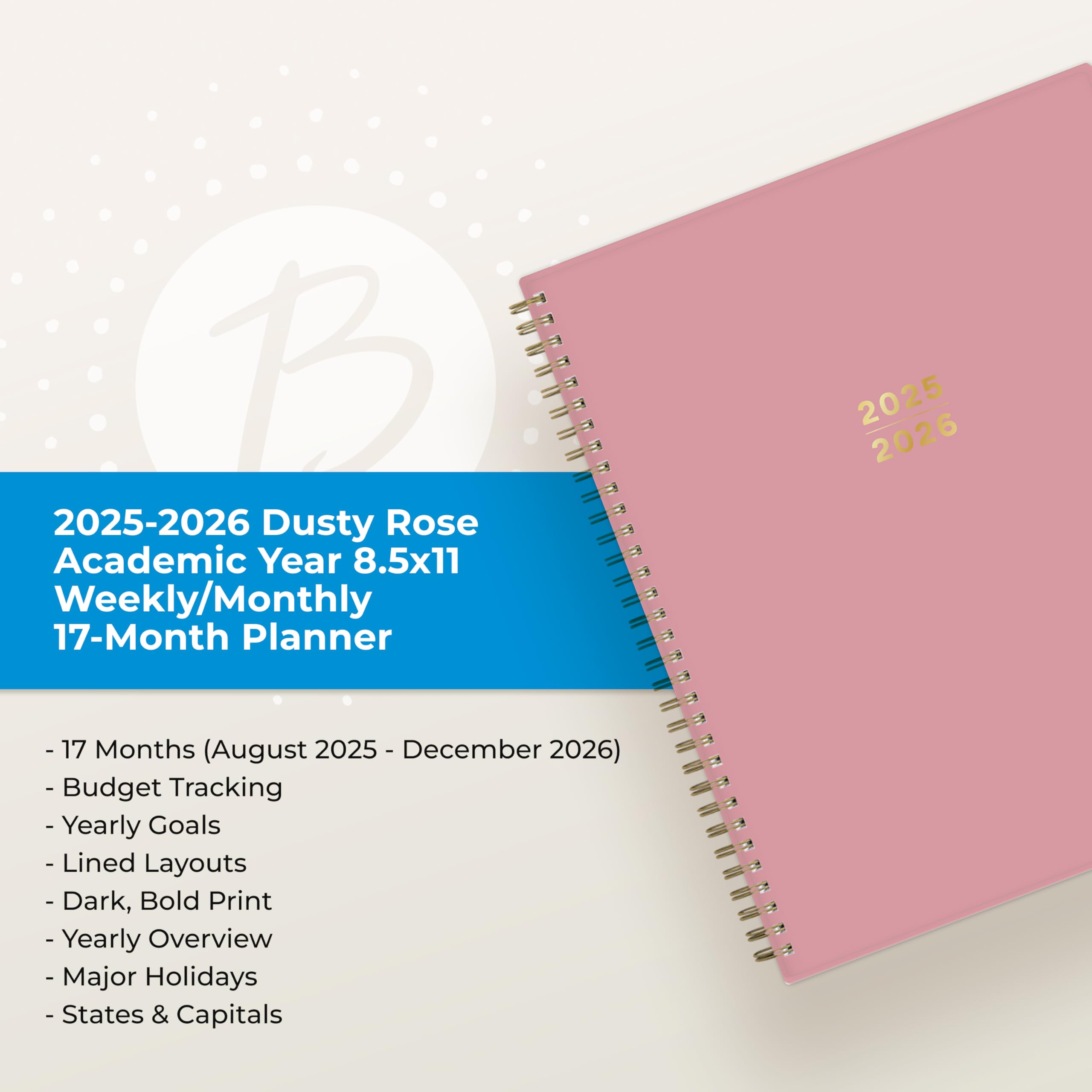 Blue Sky Wochen- und Monatsplaner für 2025-2026, 17 Monate, August 2025 - Dezember 2026, 21,6 x 27,9 cm, flexibler Einband, Spiralbindung, laminierte Reiter, Dusty Rose