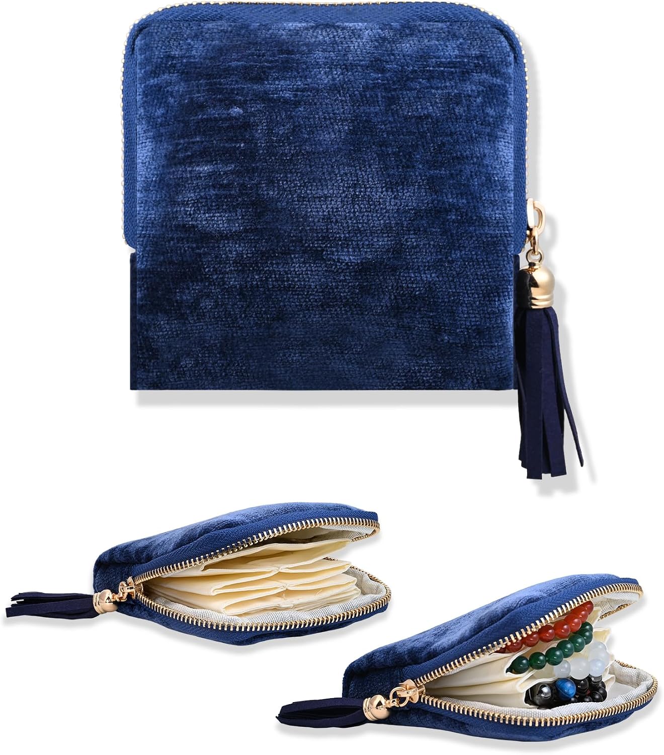 Small Travel Jewelry Case for Women 6-Layer Velvet Jewelry Organizer Storage Bag with Tassel for Bracelet Rings Earrings Navy Blue