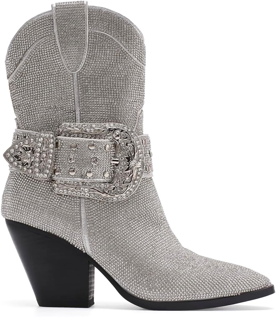 Women's Rhinestone Buckle Boots Ankle Boots Cowboy Boots Stacked Block Heel Boots Cowgirl Boots Pointed Toe Boots