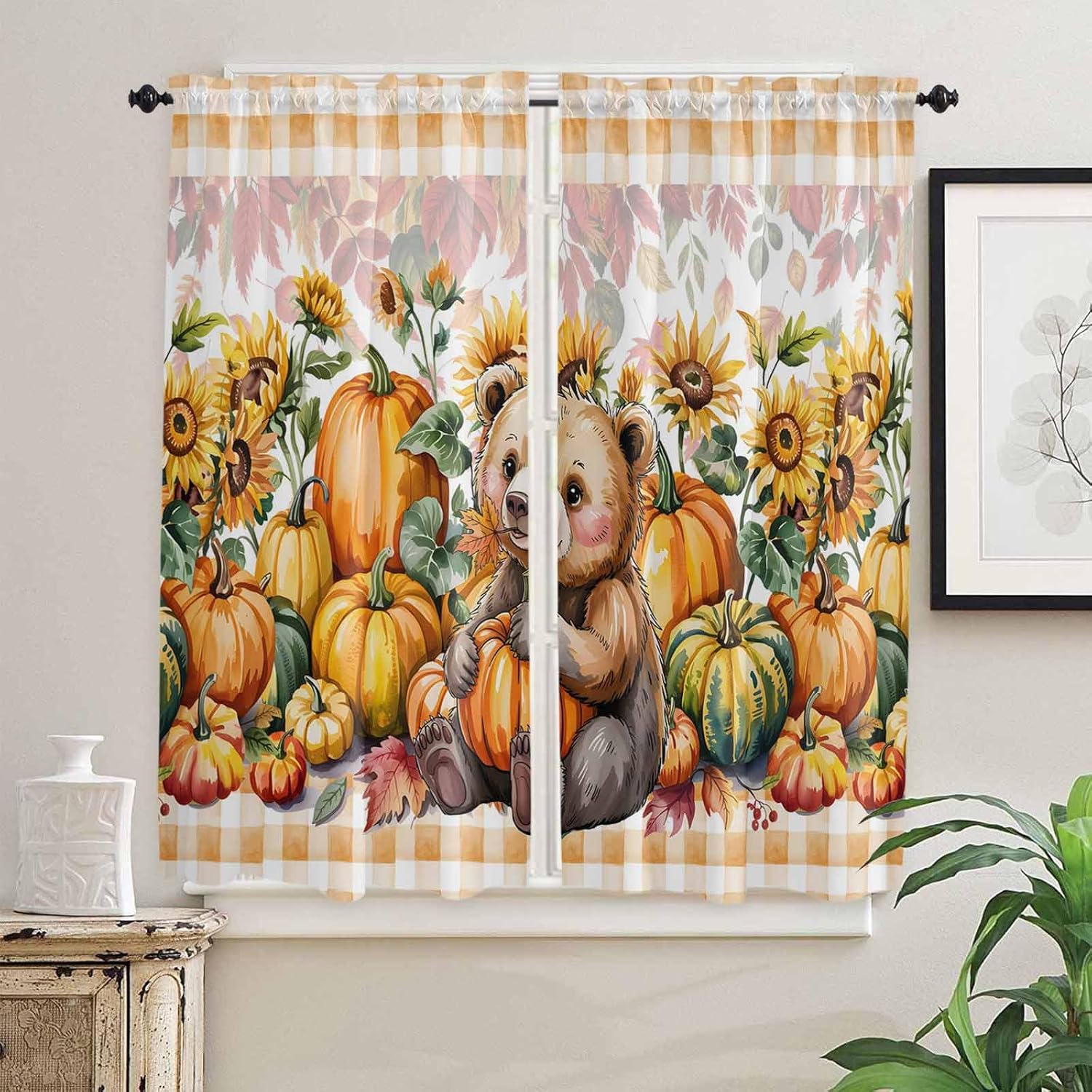 Orange Yellow Pumpkin Fall Kitchen Curtains, Thanksgiving Botanical Plaid Animals Light Filtering Window Curtain, 2Pcs Rod Pocket Window Treatments Set for Living Room Bathroom Bedroom 42x63 Inches