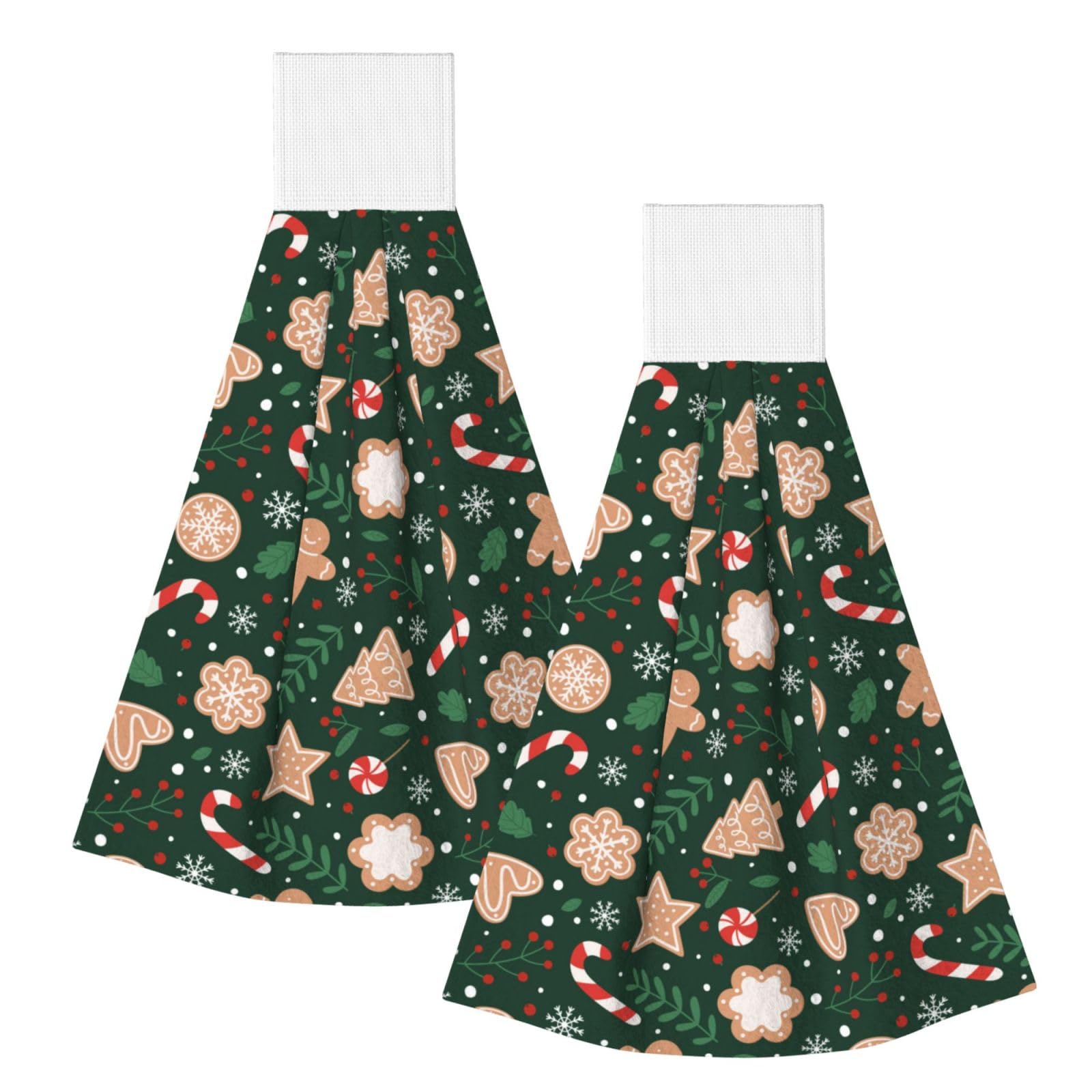 DOPKLNA Christmas Candy Cane Gingerbread On Green Background, 2 Pcs Hanging Coral Fiber Hand Towels for Bathroom, Absorbent Kitchen Towels