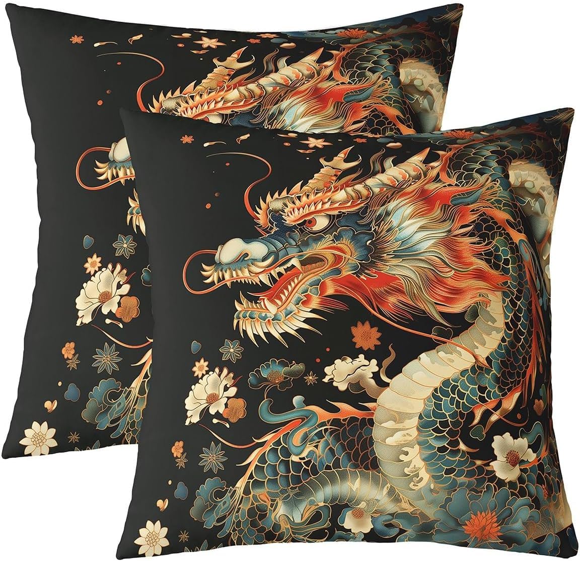 Housse de coussin dragon aquarelle double face décoration salon style asiatique