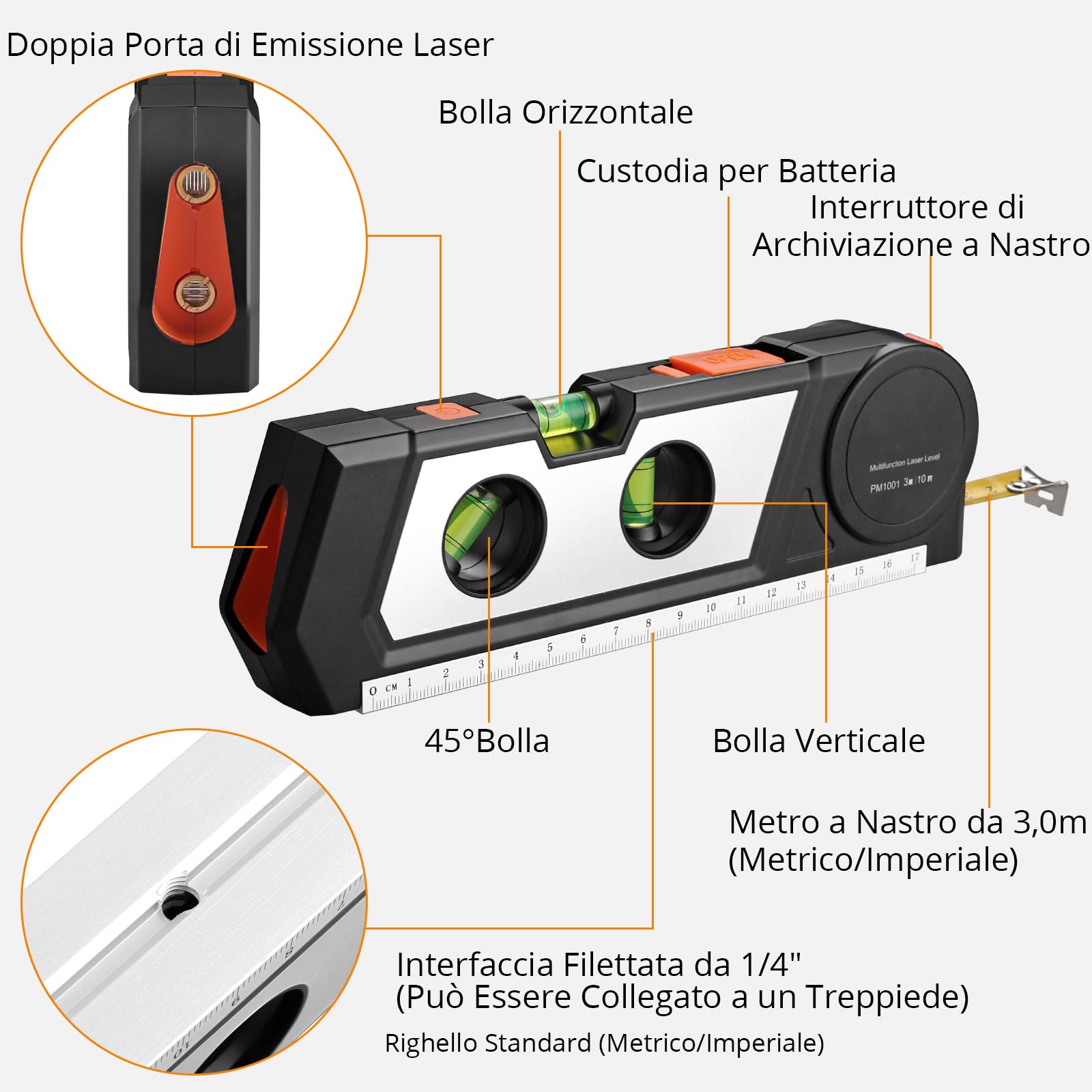 Neoteck Livella Laser 4 in 1 con 3m/9.8ft Metro Nastro+Livella+17cm Regolo Livella Laser Multiuso con Doppia Testa Laser Livello Laser a Infrarossi per Appendere Quadri Armadi Piastrelle e Pareti