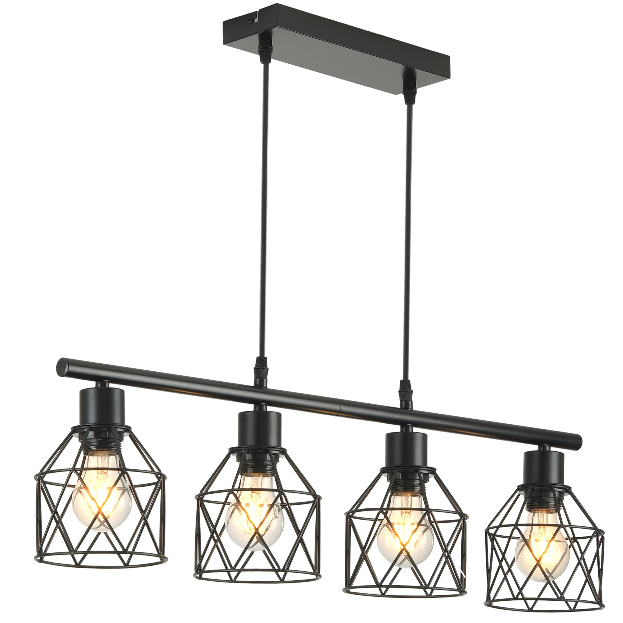 Lampadario a Sospensione Vintage Industriale, 4 Luci Lampada da Soffitto in Metallo E27, Lampada a Sospensione Retrò per Cucina a Isola e Tavolo da Pranzo, Nero, 75 x 13 x 140 cm