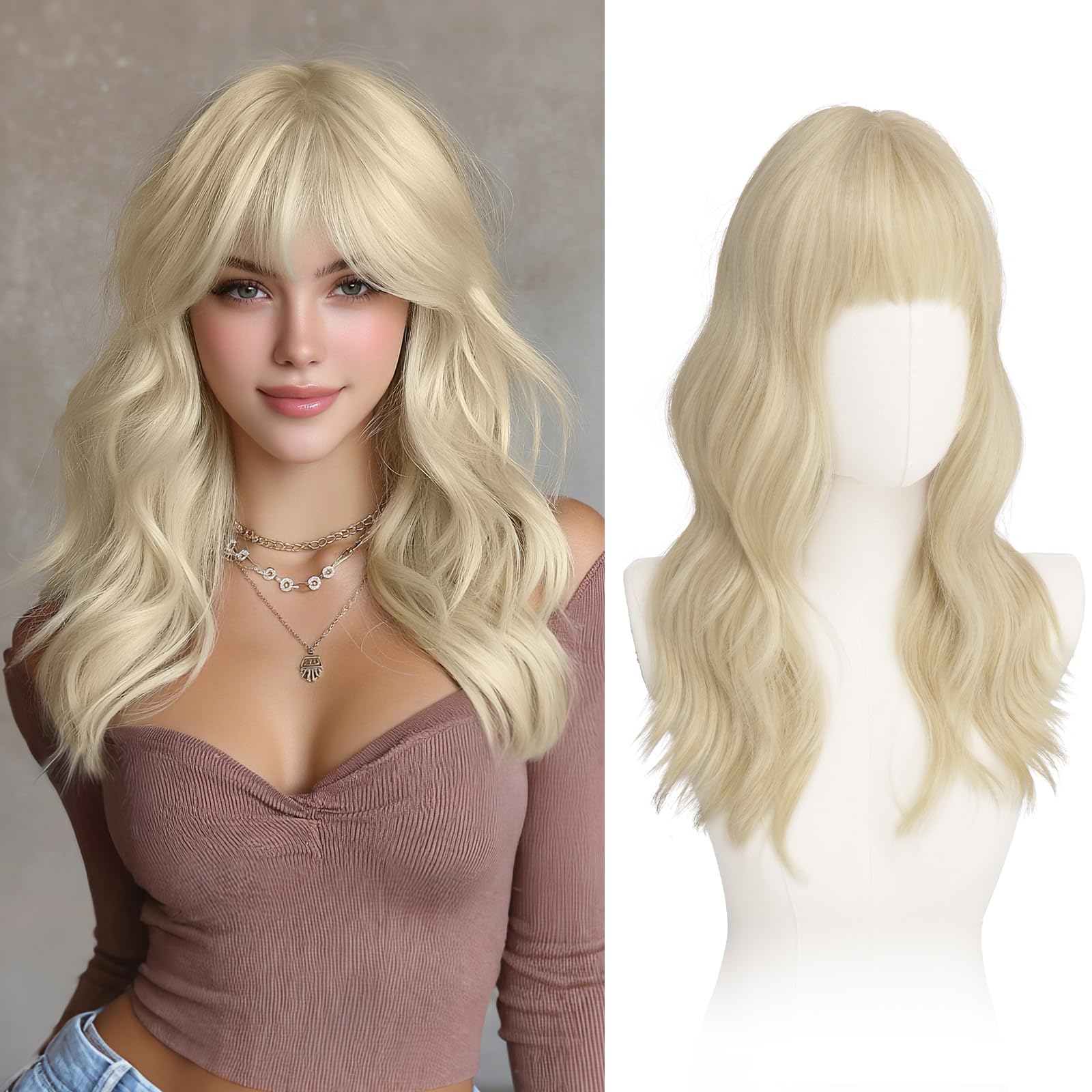 Photo 1 of Haloo Blonde Wigs with Bangs - 20 Inch Long Soft Wavy Natural Looking Synthetic Heat Resistant Hair Wig for Women Daily Party, Platinum Blonde