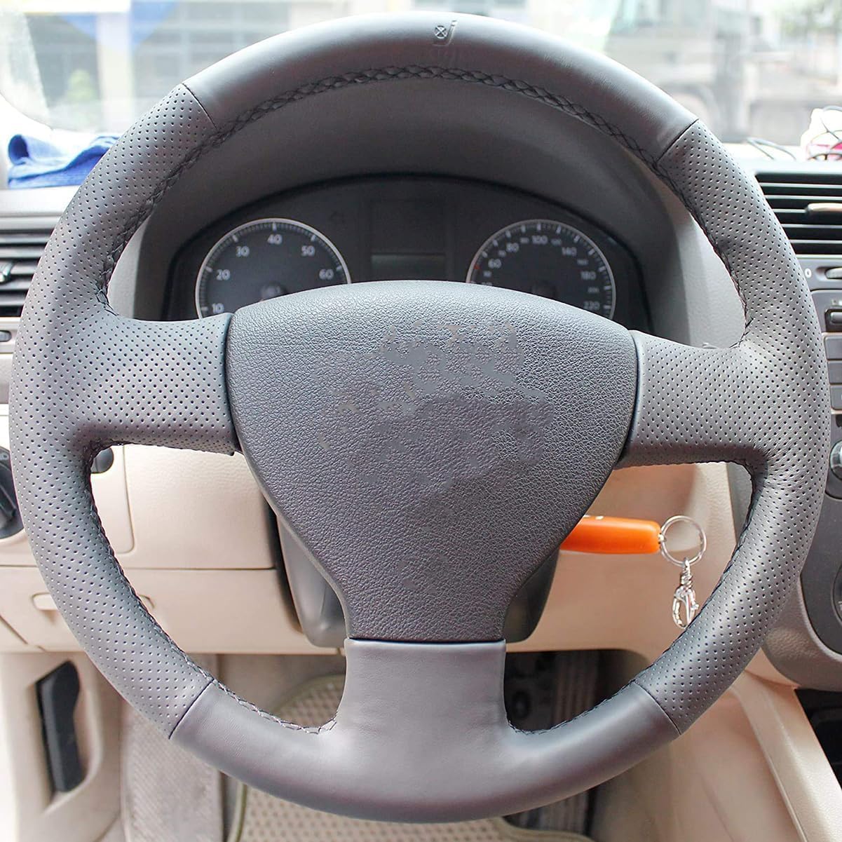 Loncky Custom Fit OEM Genuine Leather Steering Wheel Cover for Volkswagen VW Jetta S 2008 2009 / VW Jetta TDI 2005 2006 / VW Jetta 2.5 2005 2006 2007 / VW Rabbit 2006 2007 2008 2009 Accessories