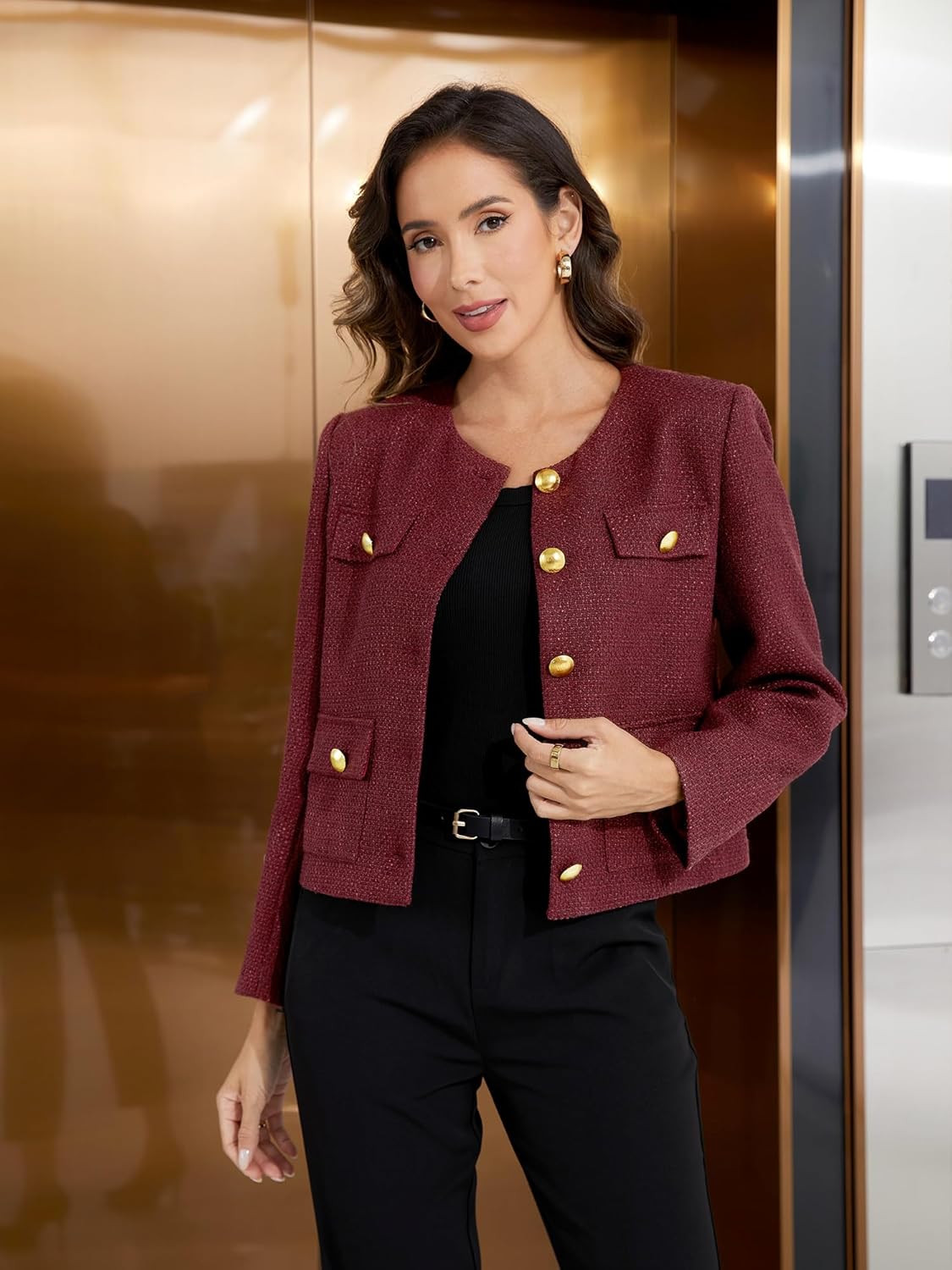 M.Infisavo 2026 Women Tweed Jacket Cropped Blazers Spring Elegant Round Neck Pockets Business Casual Outfit - Image 5