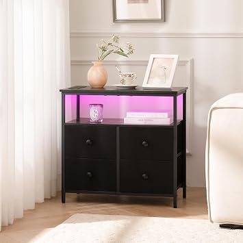 Yoobure Night Stand with Charge Station, Nightstand with 4 Drawers Bedside Table, LED Dresser with Storage Shelf, Night Stands for Bedroom, Side Table 3-Tier Wood End Table for Home, Office Black