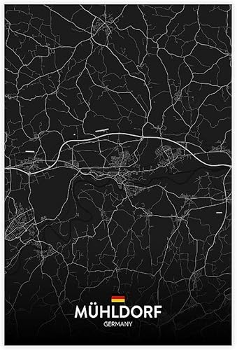CFIOZYOS Black And White Map Muhldorf DE Poster Retro Style Black City Outline Map Office Canvas Print Wall Art Decoration Painting Unframe