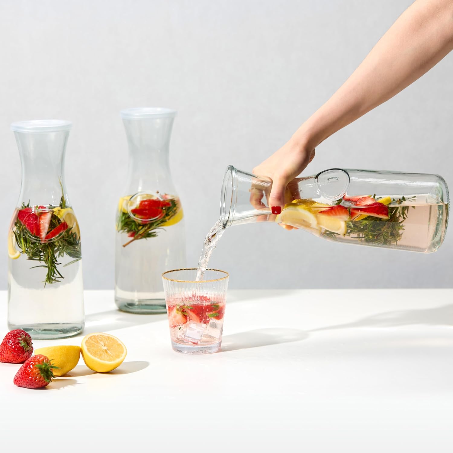 Glass Carafe Pitchers, by Kook, Large Carafe - set of 3, Beverage Dispensers, Clear Jugs For Mimosas, Water, Wine, Milk and Juice, with Plastic Lids, 50 oz Dishwasher Safe - Image 2