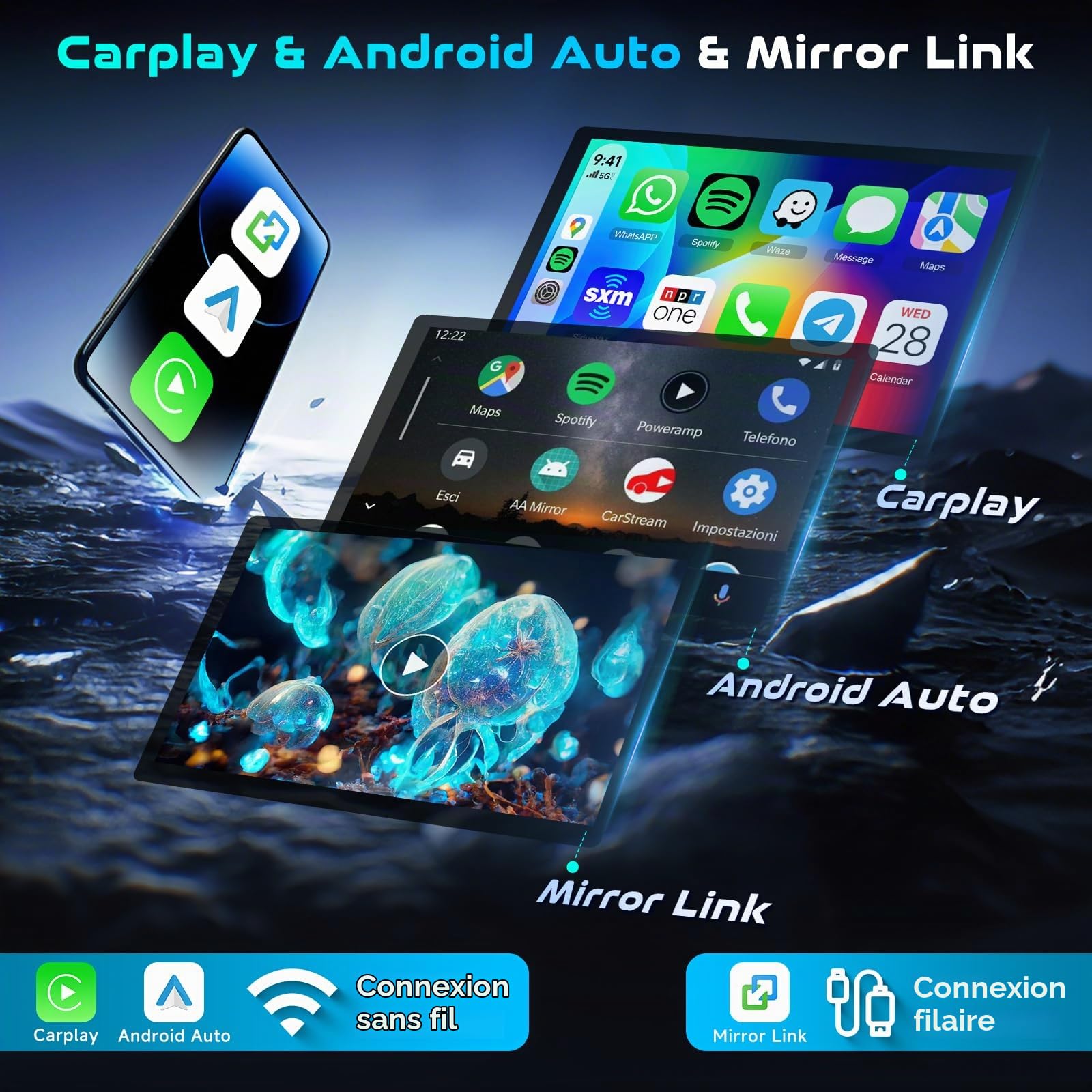 Hodozzy Autoradio 1 Din avec CarPlay Android Auto sans Fil, Poste Radio Voiture 1 Din écran Tactile 7 Pouces avec Bluetooth, Mirror Link, Stéréo FM, Universel MP5 EQ Type-C/USB/AUX, Caméra Recul