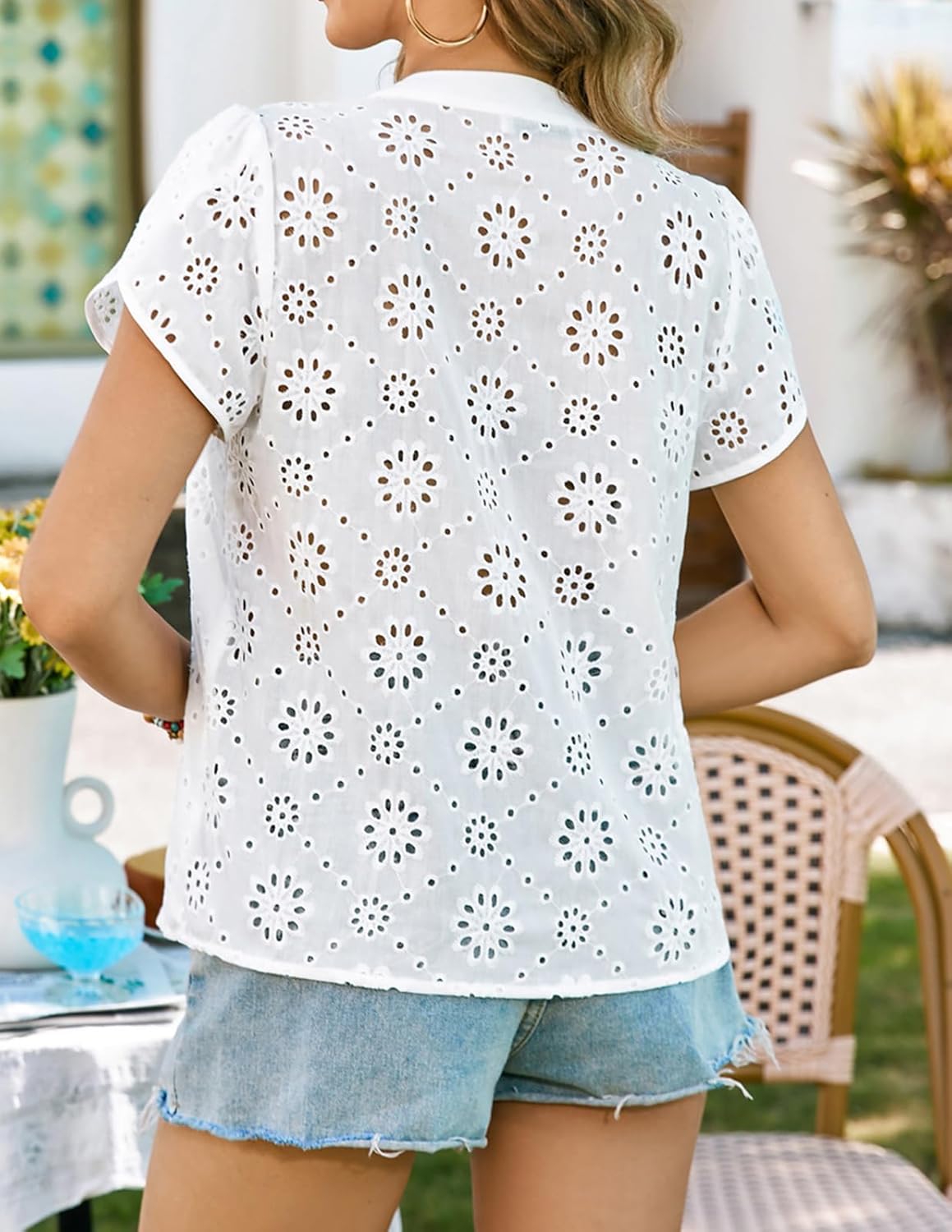 Kate Kasin Women Eyelet Spring Summer Tops, Dressy Casual Petal Short Sleeves Shirts, V Neck Lace Embroidered Blouses - Image 2