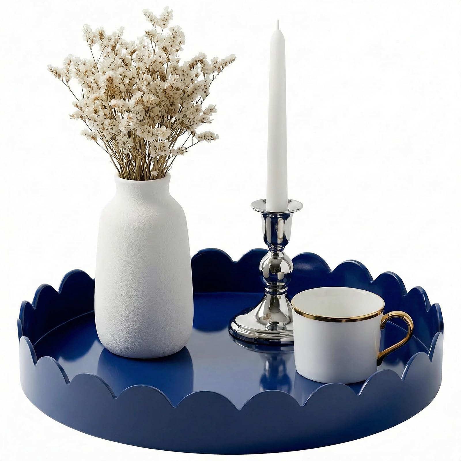 Simmer Stone 13" Round Scalloped Tray for Coffee Table Decor & Centerpiece, Glossy Lacquer Style Serving Tray for Ottoman, Vanity & Entryway, Modern Waterproof Catchall Tray (Navy Blue) — image 1