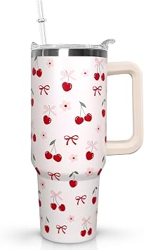 Ceovfoi 40oz Cherry Bow Coffee Mug Cup Water BottlesTumbler With Handle Lid and Straw,Cherry Decor Stuff Accessories