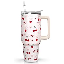Ceovfoi 40oz Cherry Bow Coffee Mug Cup Water BottlesTumbler With Handle Lid and Straw,Cherry Decor Stuff Accessories