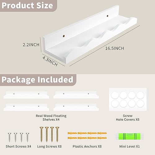 Miniatura 3 de Juego de 4 estantes flotantes de madera blanca para libros de guardería, estantes de pared para dormitorio de niños y baño