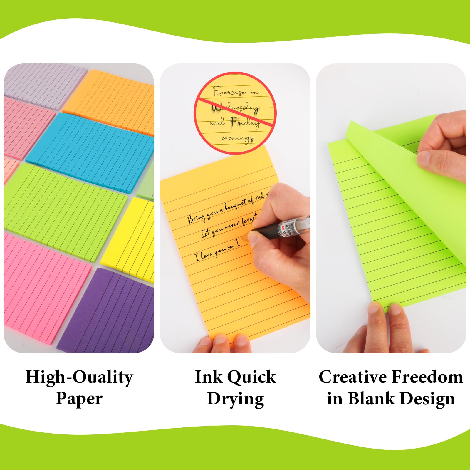 12 blocs de notas adhesivas forradas de 4 x 6 pulgadas, con líneas, autoadhesivas, 12 colores brillantes, 33 hojas/bloc