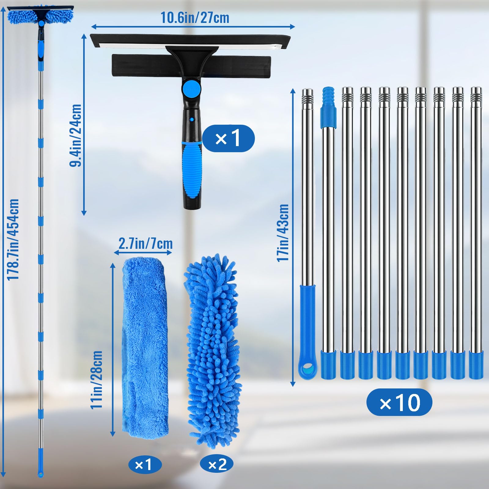 Kit de limpieza de ventanas extensible de 450 cm, limpiador profesional de cristales con paños de microfibra y chenilla, mango telescópico, limpiador de ventanas sin rayas