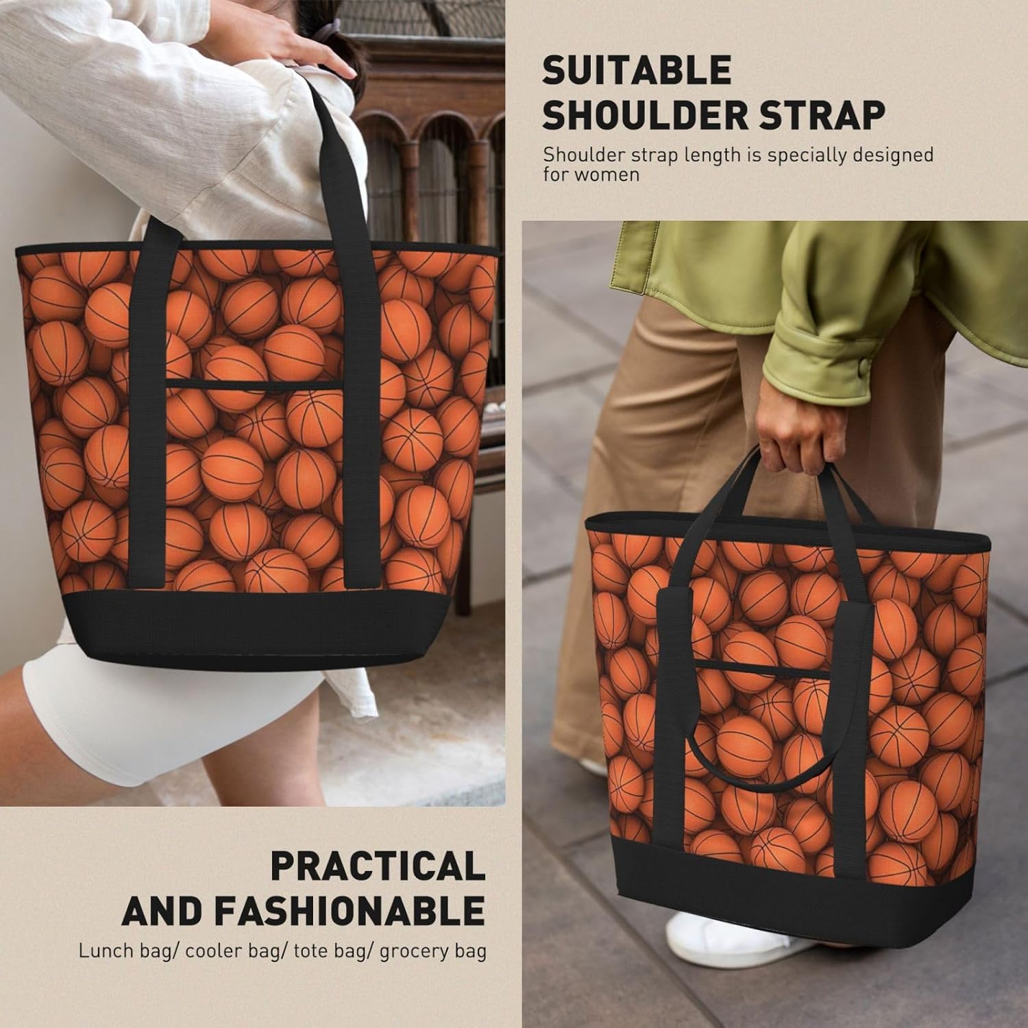 Basketball Orange Print Large Cooler Bag Tote Bag,Reusable Grocery Bag,Lunch Box Bag, For Picnic Beach Camping