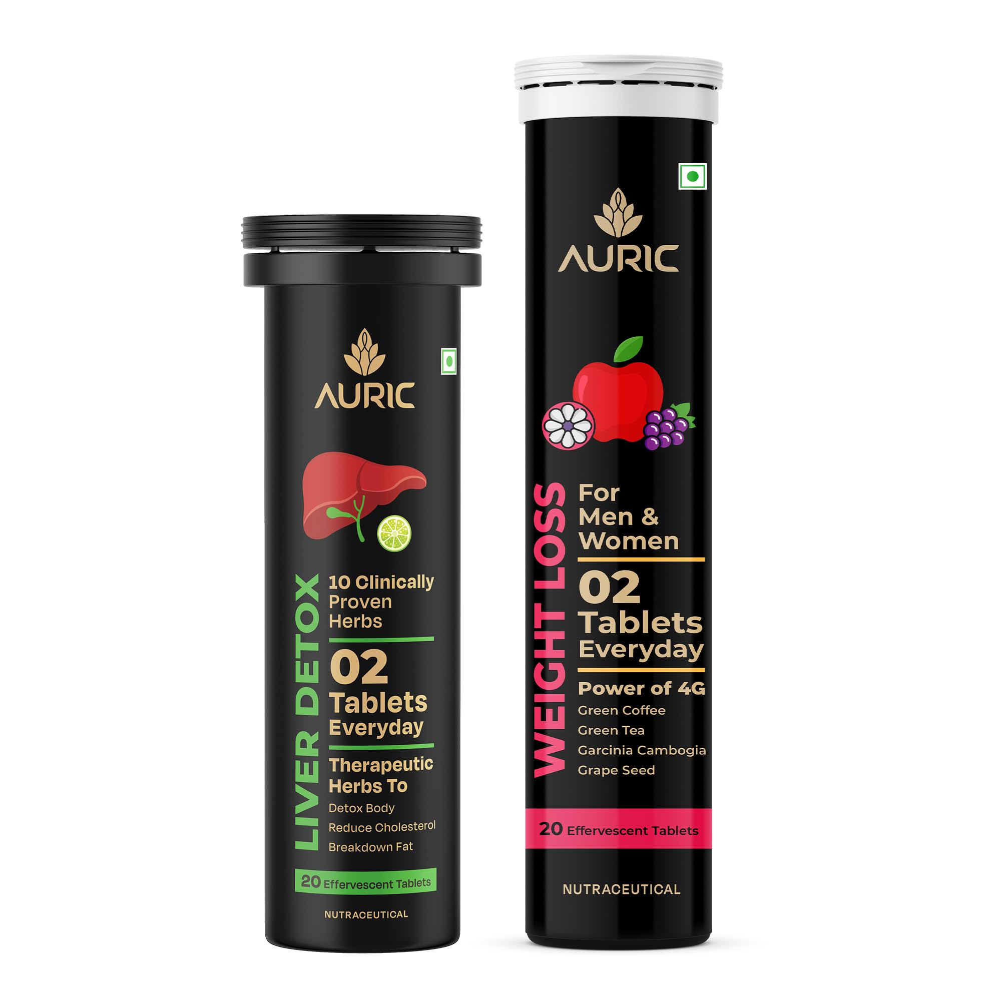 Auric Liver Detox & Get Slim Combo 20 Tablets Each with 10 Ayurvedic Herbs | Clinically Researched Therapeutic Ingredients