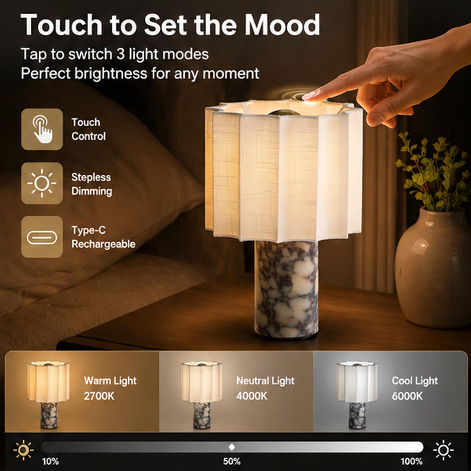 Touch Lampada da tavolo dimmerabile in marmo, luce notturna ricaricabile con luminosità a 3 velocità, paralume in tessuto per camera da letto, soggiorno, ufficio