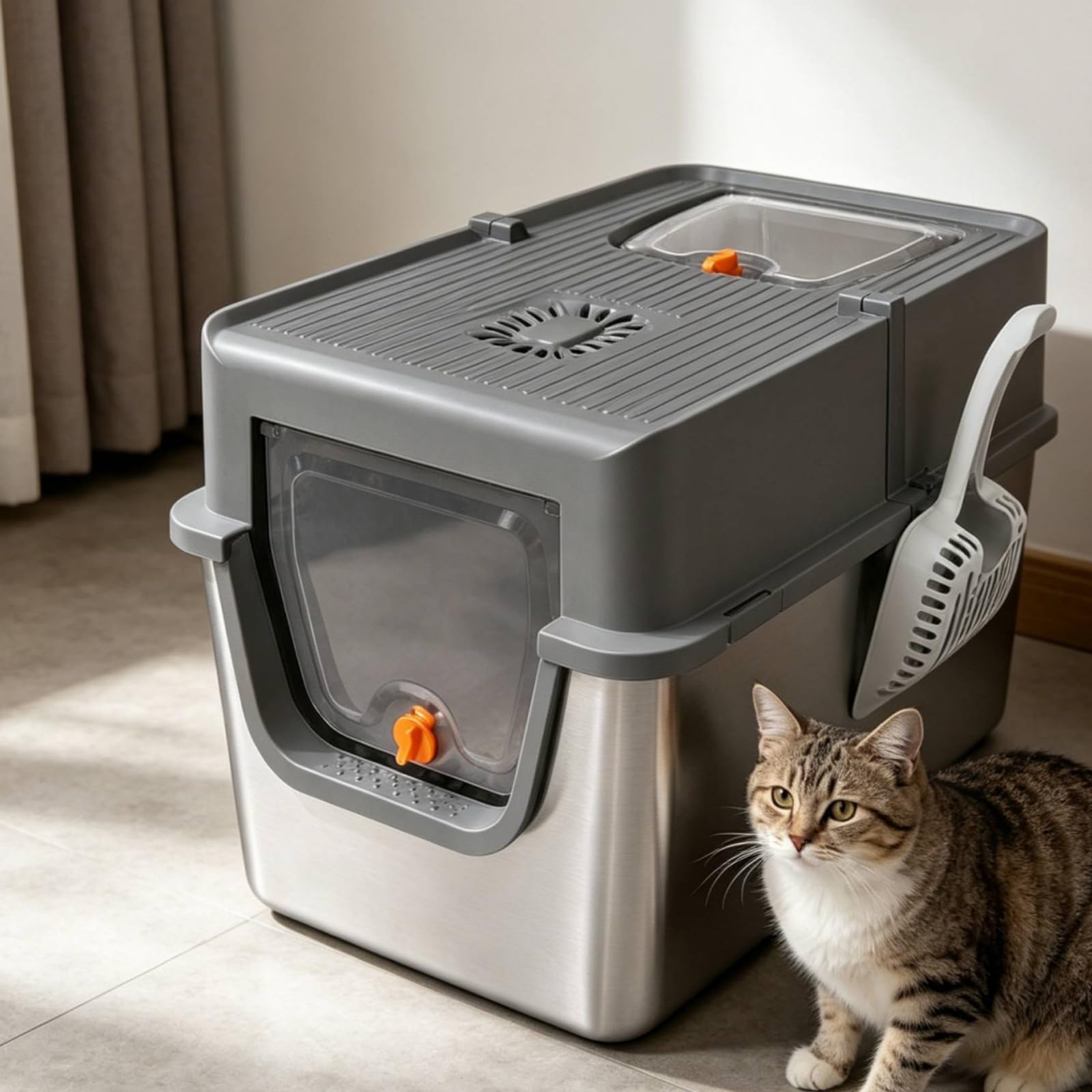 XXL Katzenklo Katzentoilette mit Klapptür großes Format groß geschlossene Katzentoilette, Hellgrau