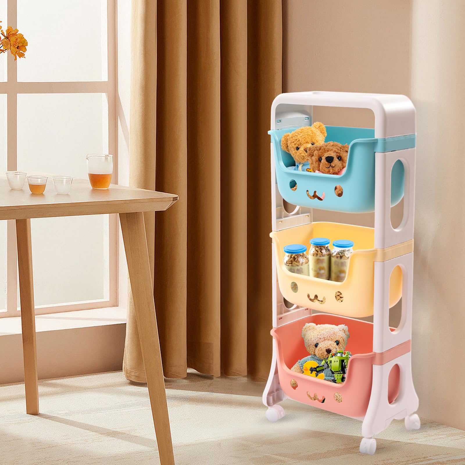 BAIODNB 3-Tier Rolling Cart, Toy Storage Organizer Utility Rolling Cart with Universal Wheels, Doll Activity Rack Shelf Plastic Bins Box Kitchen Storage Art Cart for Bedroom,Playroom