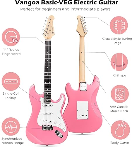 Miniatura 5 de Vangoa Guitarra eléctrica, guitarra eléctrica rosa de tamaño completo, kit de inicio para principiantes, cuerpo sólido de 39 pulgadas con