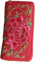 DTSFHTDAL Women's Red Peony Embroidered Ethnic Long Wallet Clutch - Large Capacity Coin Purse Card Holder