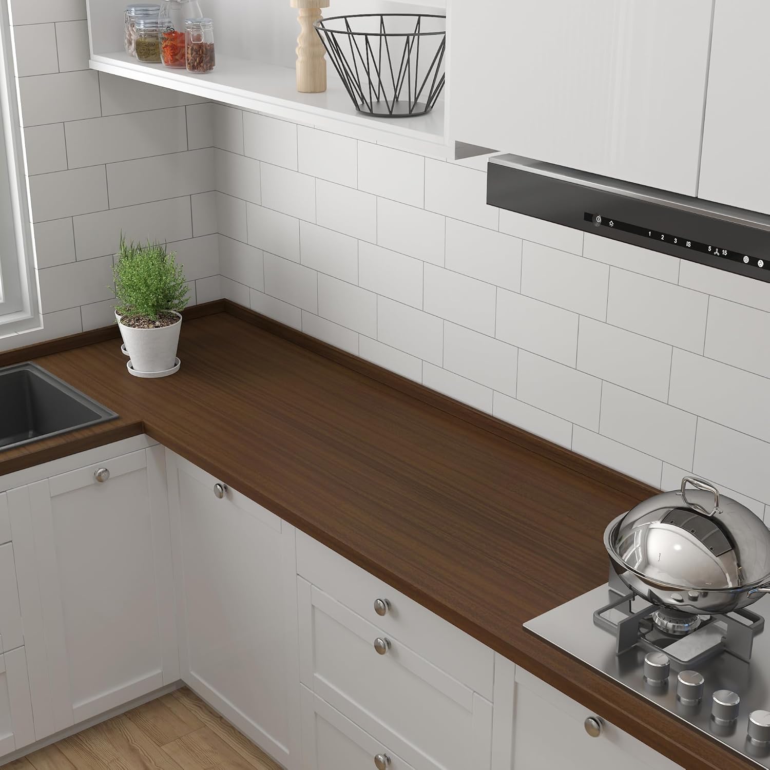 JSEVEM 16"×354" Walnut Wood Grain Wallpaper Peel and Stick Self Adhesive Removable Faux Brown Wood Contact Paper Vinyl Wrap Waterproof Wall Sticker for Kitchen Countertops Cabinet Table Top Drawer