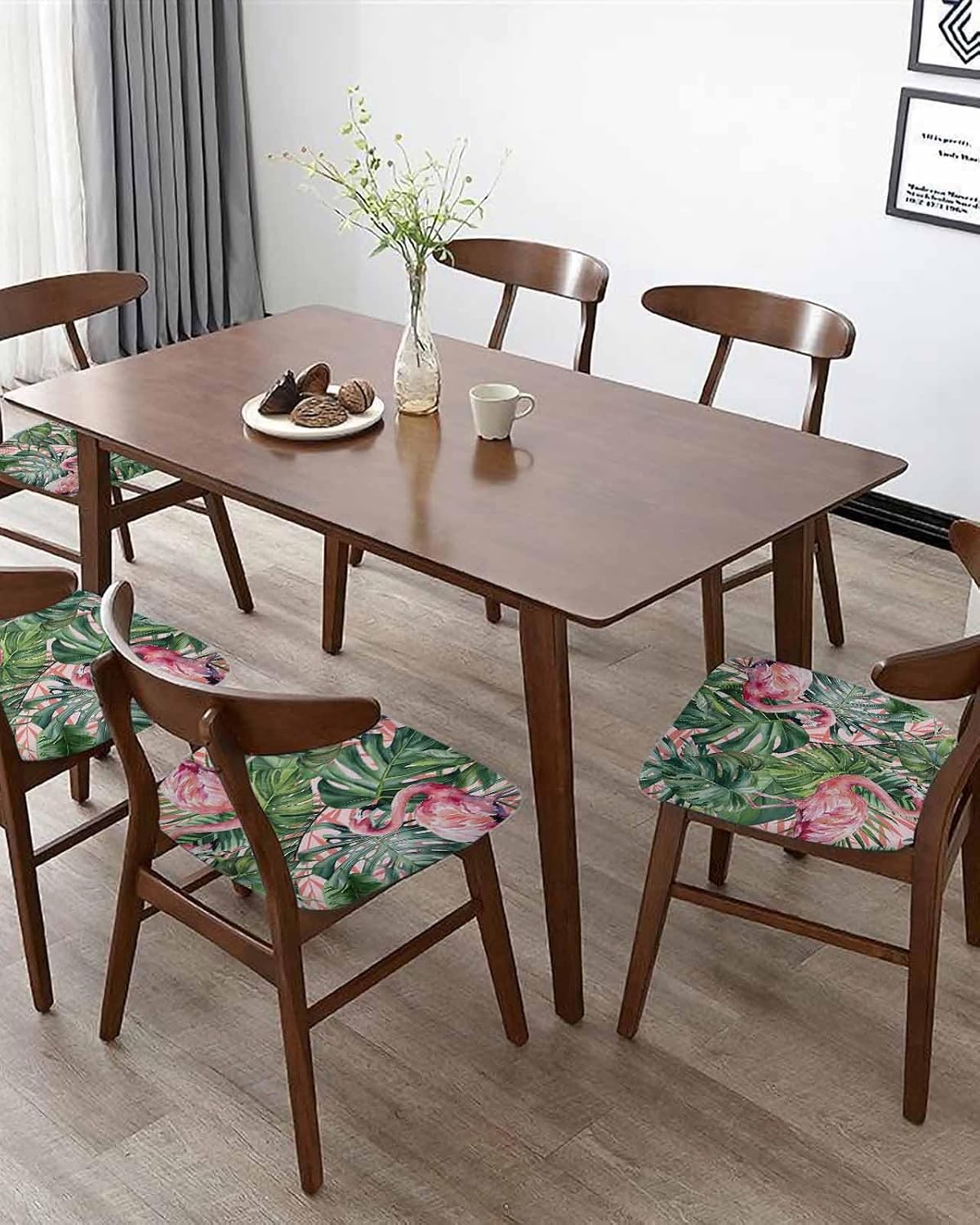 Dining Chair Seat Covers Set of 6, Pink Flamingo Removable Washable Chair Cover Slipcovers, Summer Tropical Watercolor Plants Green Leaves Dust-proof Stretch Chairs Cover Seat for Kitchen Decor