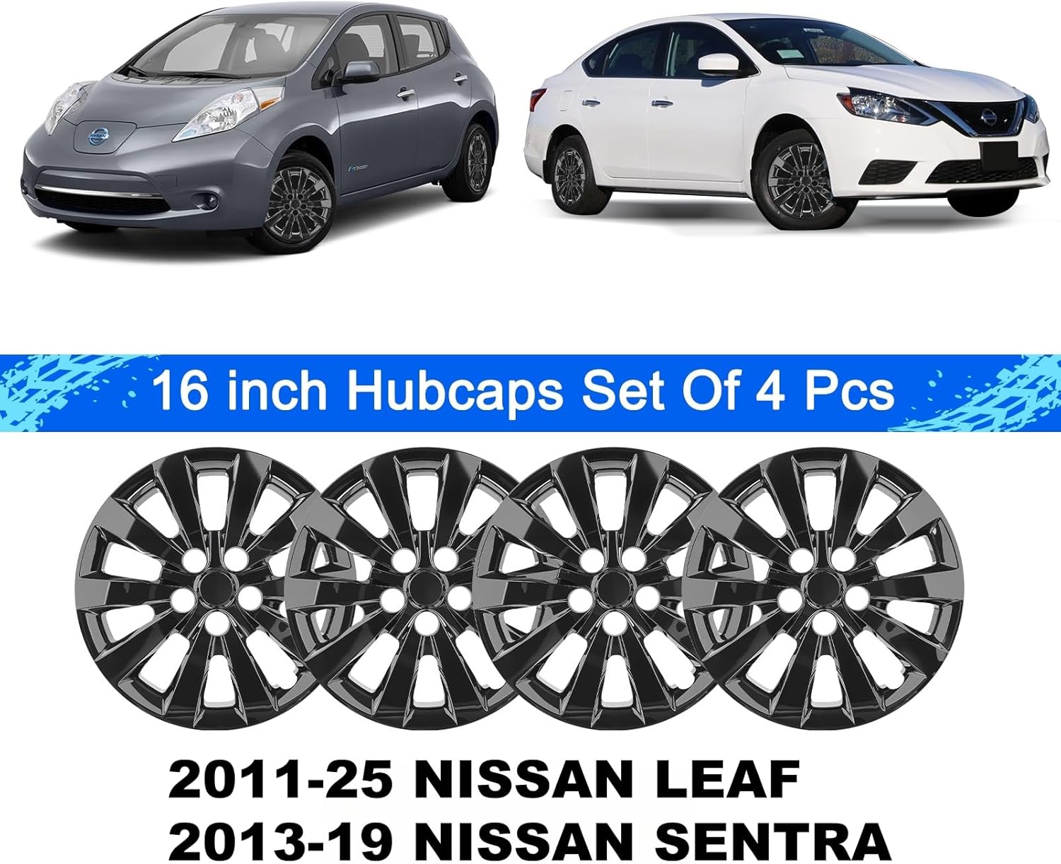 Hubcaps Compatible with Nissan Leaf 2011-2025 ;Nissan SENTRA 2013-2019,16 inch Wheel Covers;Set of 4 Packs (Glossy Black)