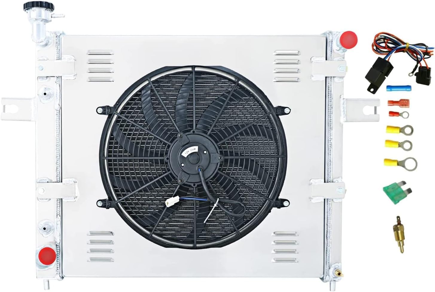 Aluminum Radiators Replacement for 1999-2004 Jeep Grand Cherokee 4.0 L6 3 Row Radiator with Electric Fan Shroud Thermostat Kit 2000 2001 2002 2003