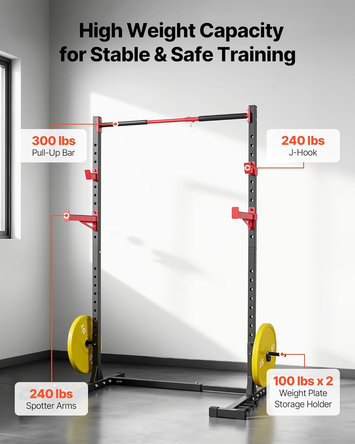 VEVOR Power Cage Rack, Multifunctional Squat Rack for Home Gym, Width-Adjustable Workout Strength Training Equipment with 6 Band Pegs, Landmine Attachment & Safety Bars for Bench Press Squats Pull-Up