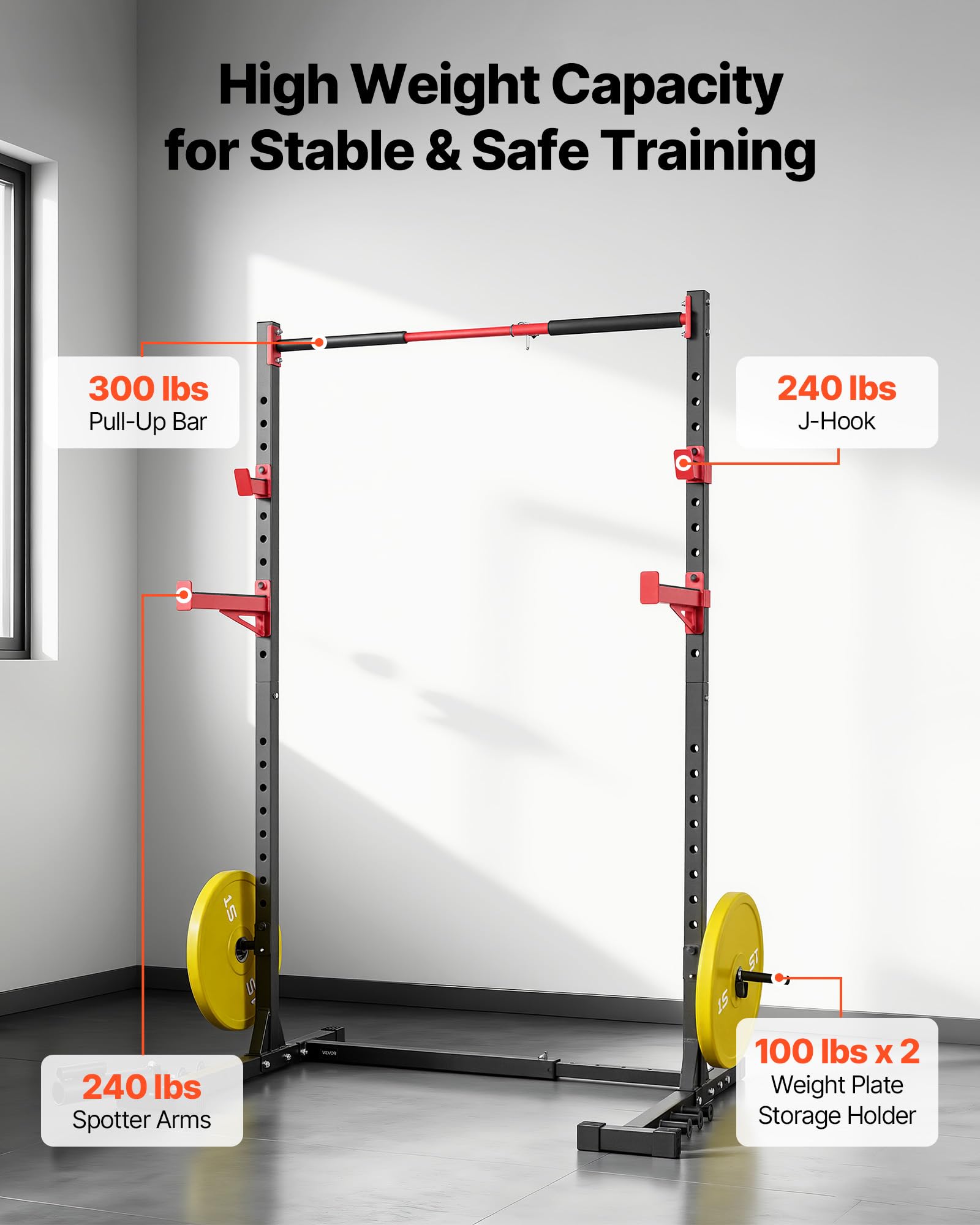 VEVOR Cage de Musculation Multifonctionnelle, Rack à Squats à Largeur Réglable, Station de Musculation pour Squat Développé Couché Traction Gym, avec Fixation pour Landmine et Barres de Sécurité