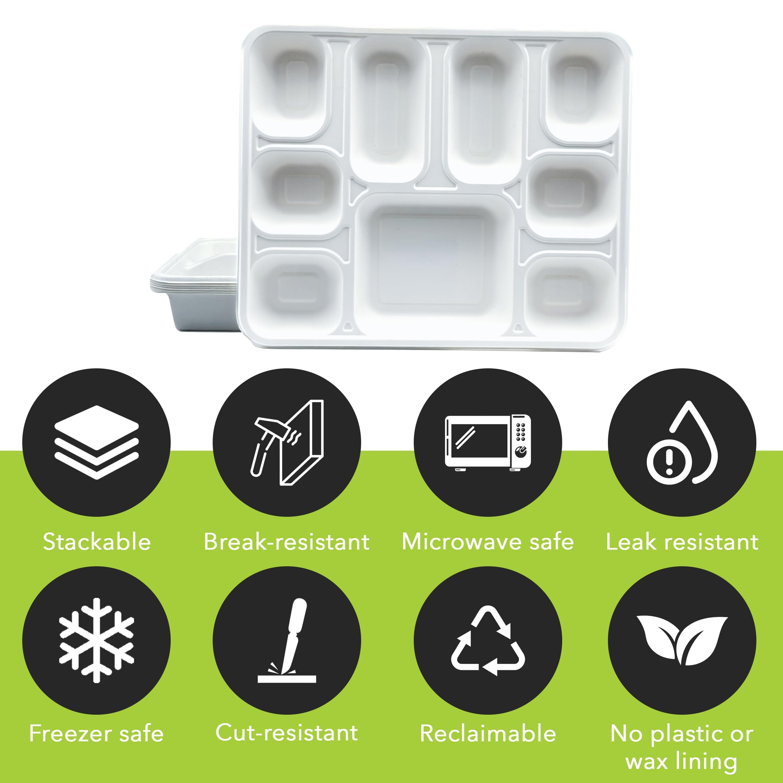 Three Leaf Piastre rettangolari in bagassa a 9 scomparti, 200 ct, resistenti, naturali, ecologiche, 100% biodegradabili, 9 scomparti