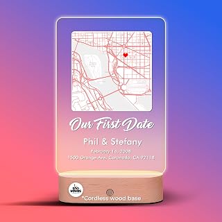 Our First Date Map Plaque with Wood Stand, Personalized Light Up Glass LED Picture Frame, Custom Plaque for Room Decor for Men, Women, Valentines Day Gift for Her Him (Place We Met Ver 3)