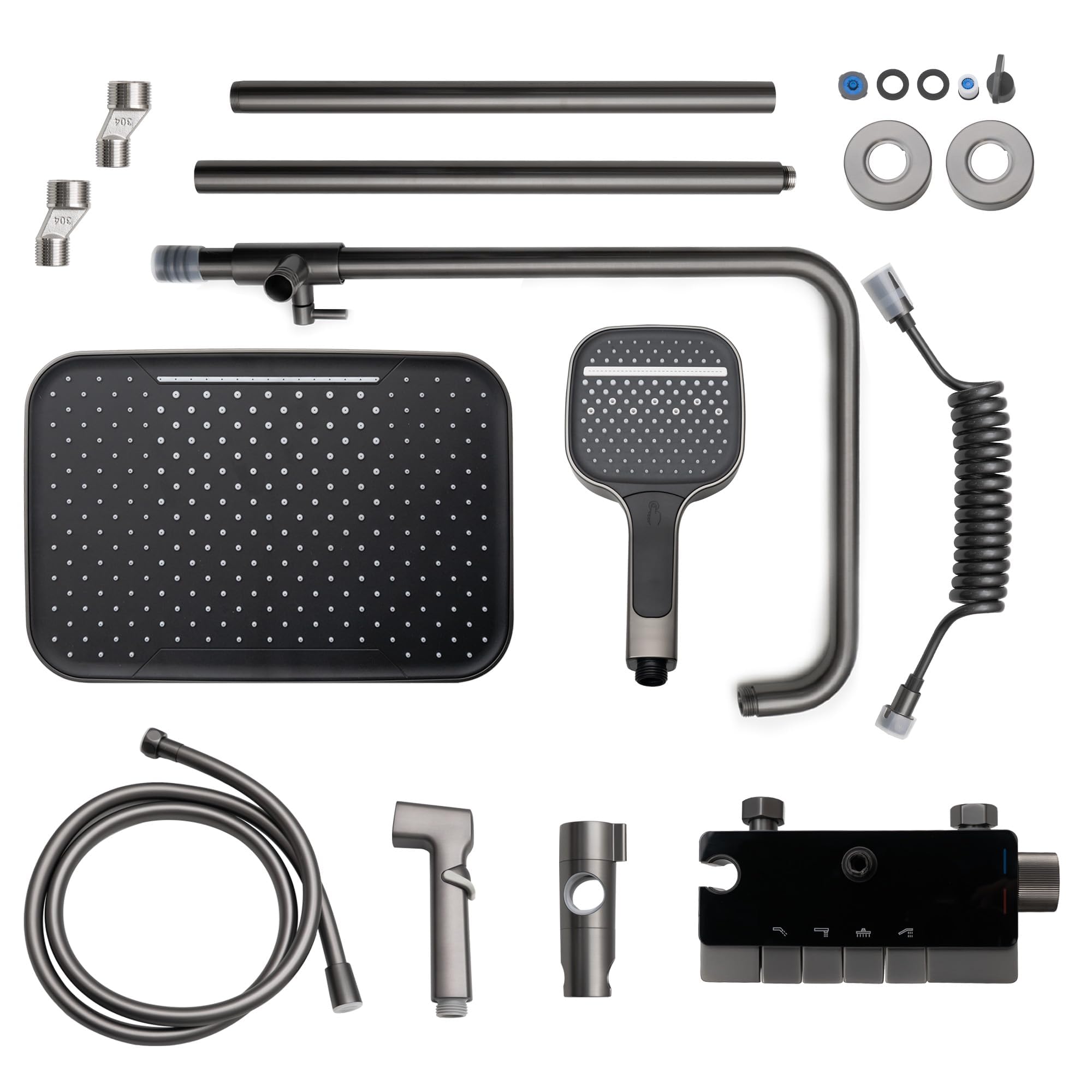 VANCOCO Grau Thermostat Duschsystem Komplettset Messing | Regendusche, Handbrause, Bidetsprayer und unterer Wasserauslass, wassersparende Duscharmatur