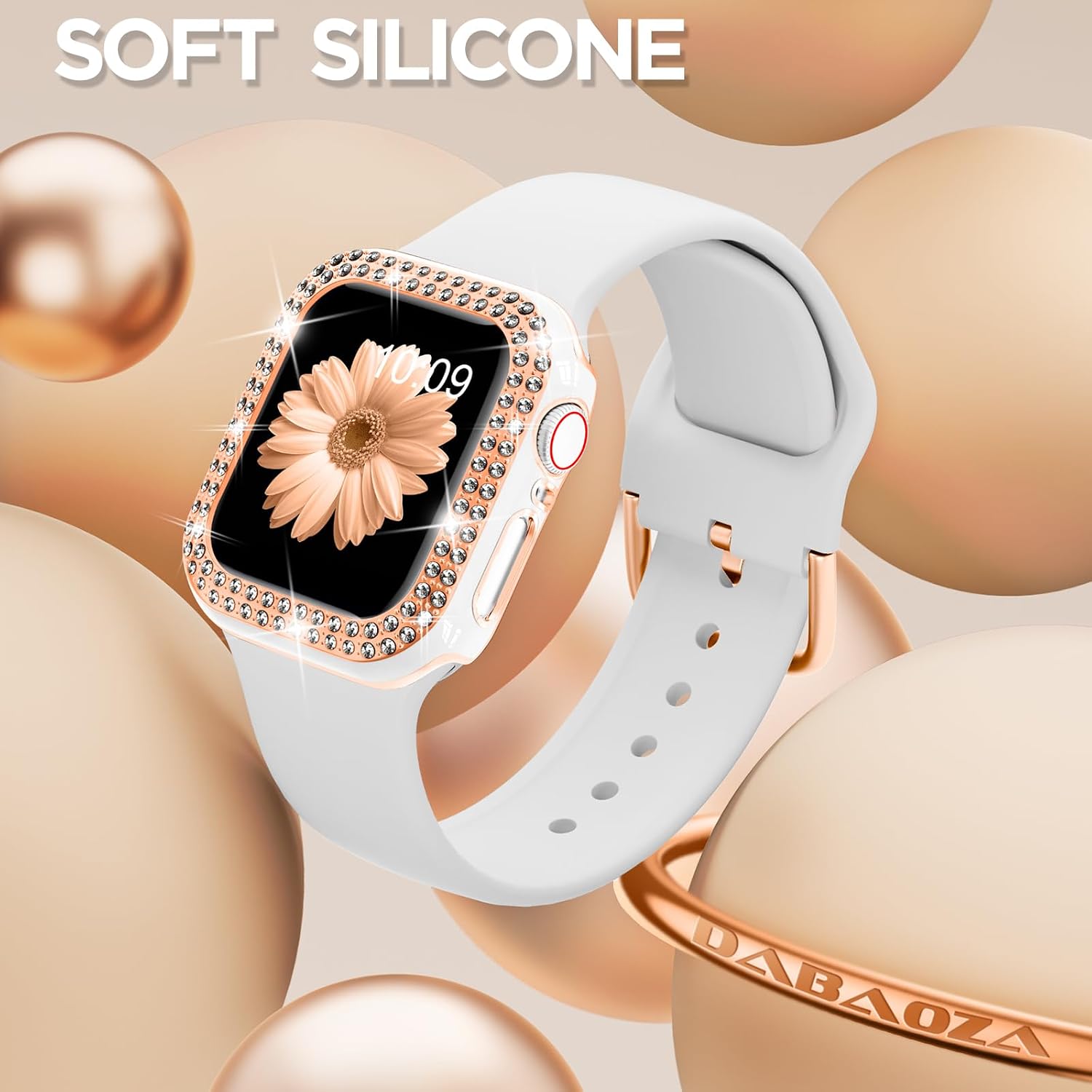 DABAOZA Compatible for Apple Watch Bands 44mm with Bumper, Bling Glitter Women Silicone Soft Comfortable Strap for iWatch SE Ultra 3 2 Series 11 10 9 8 7 6 5 4 3 2 1（White Rosegold，44）