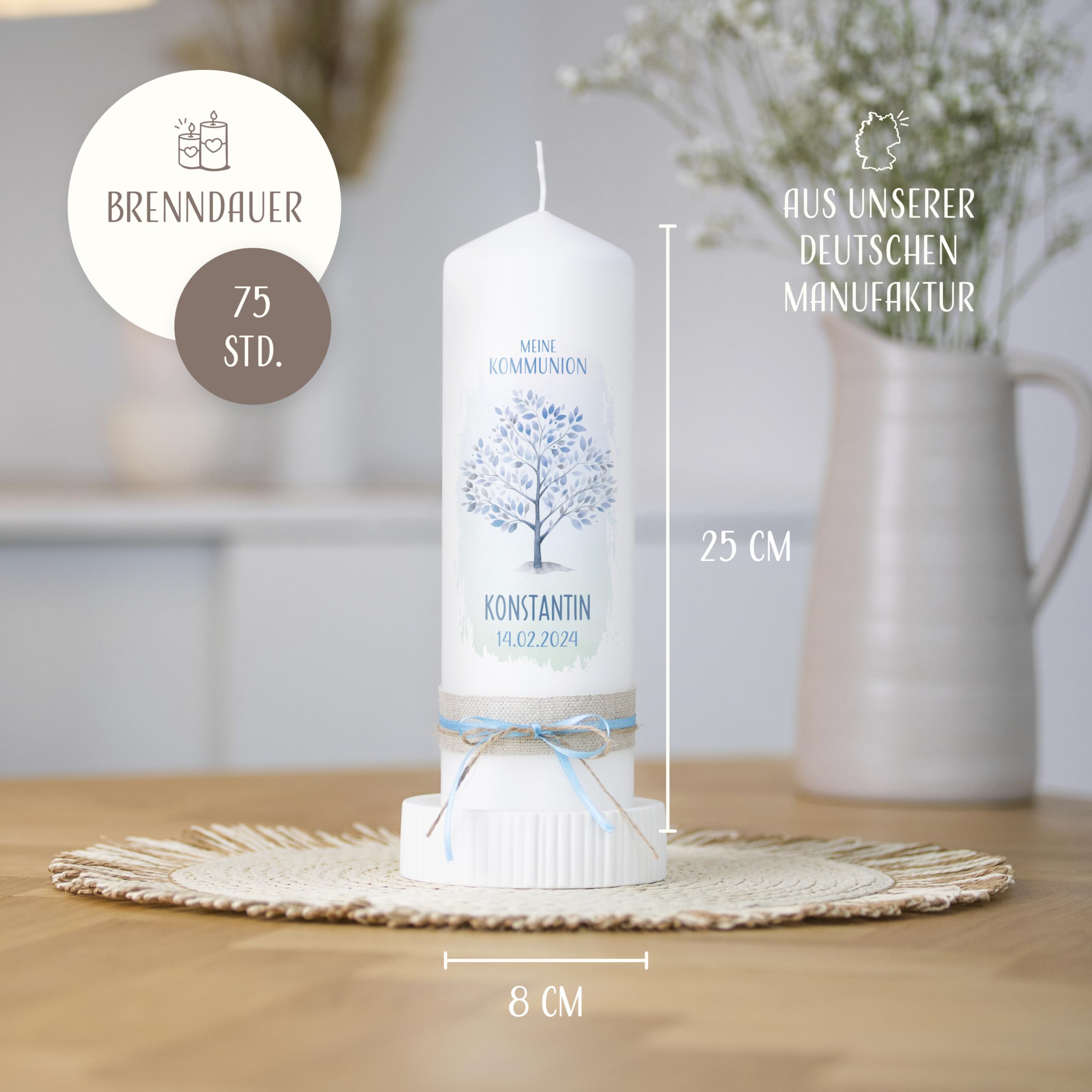 AMARI ® Kommunionkerze personalisiert Baum des Lebens H:25cm/⌀:8cm - Kerze Kommunion