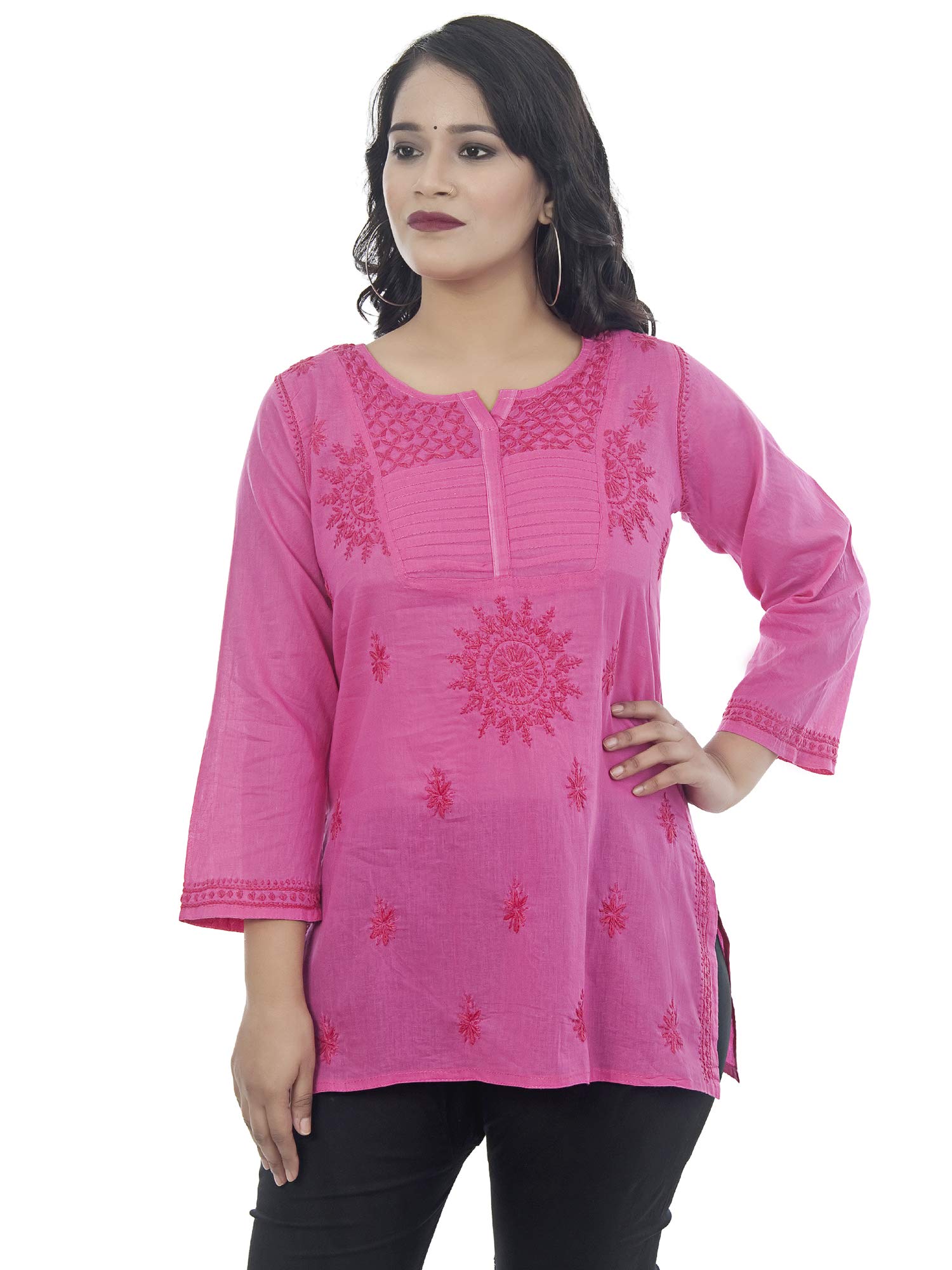 sanvi collections Sanvicollections Women Cotton Regular Hand Embroidered(Lucknow Chikankari) Pentex Short Top (Pink, 38)-picture-44