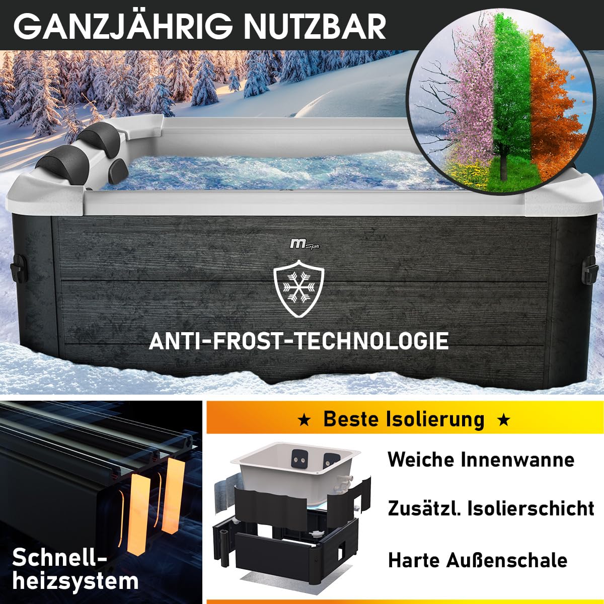 BRAST Whirlpool MSpa Frame - Oslo Sapphire & Amber mit Fester Außenwand | 160x160x65cm - 180x180x65cm | 5 Modelle | LED-Beleuchtung | 6 Personen | Ganzjähriger Einsatz Winterfest | Oslo Aero Plus