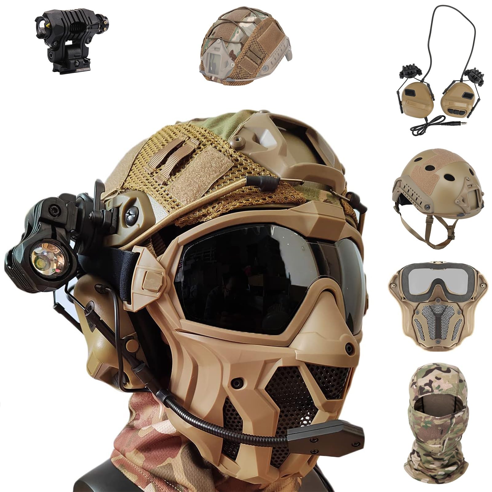 Set Casco Tattico da Softair con Cuffie Antirumore Maschera da Paintball Regolabile Torcia Elettrica for Giochi di Sopravvivenza All'aperto