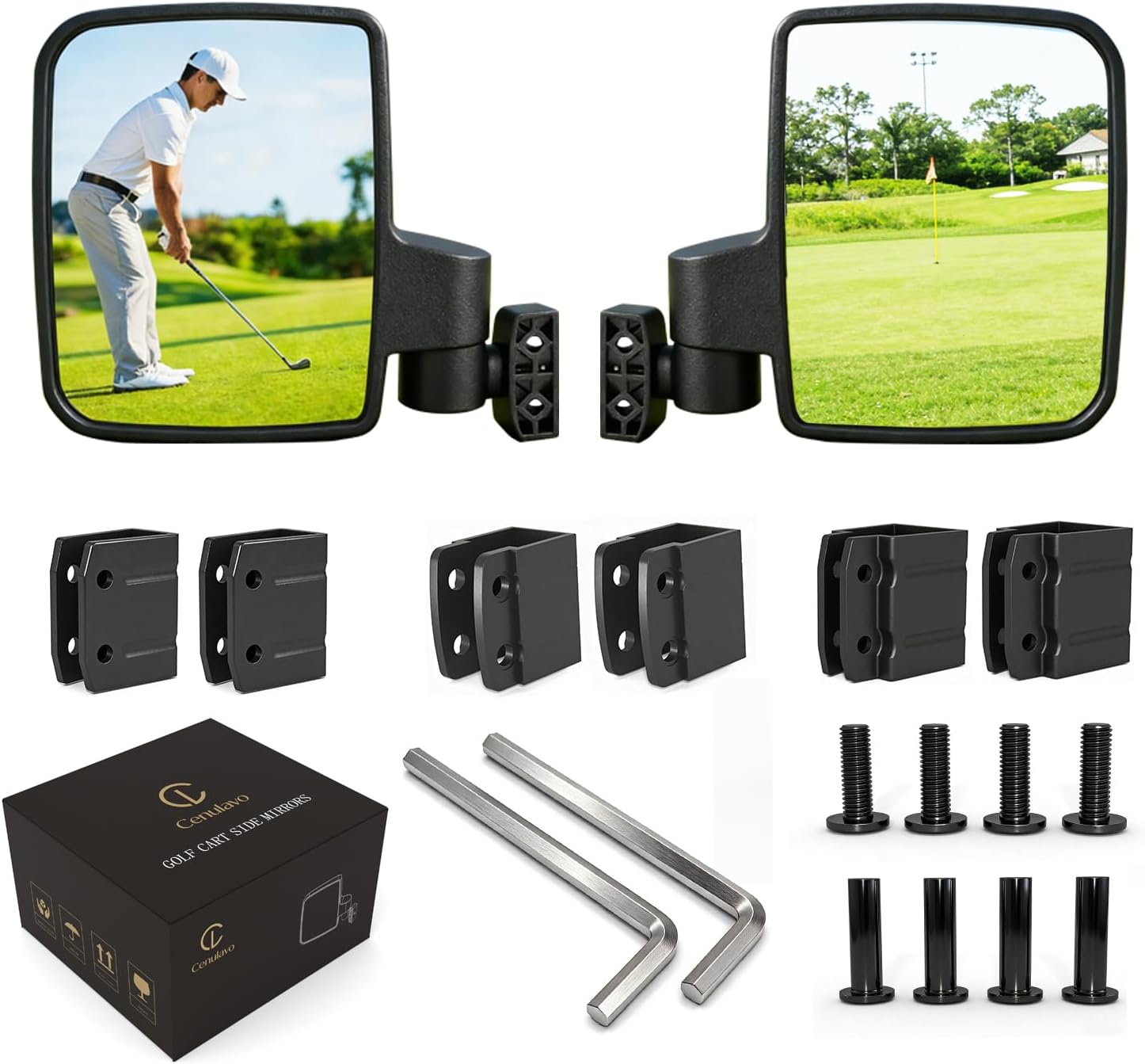 Golf Cart Side Mirrors, No Drilling Adjustable Rear View Mirrors for Club Car, EZGO, Yamaha, Foldable Wide Angle Anti-Vibration Mirrors for 0.75"/1"/1.25" Square Tube Roof Support