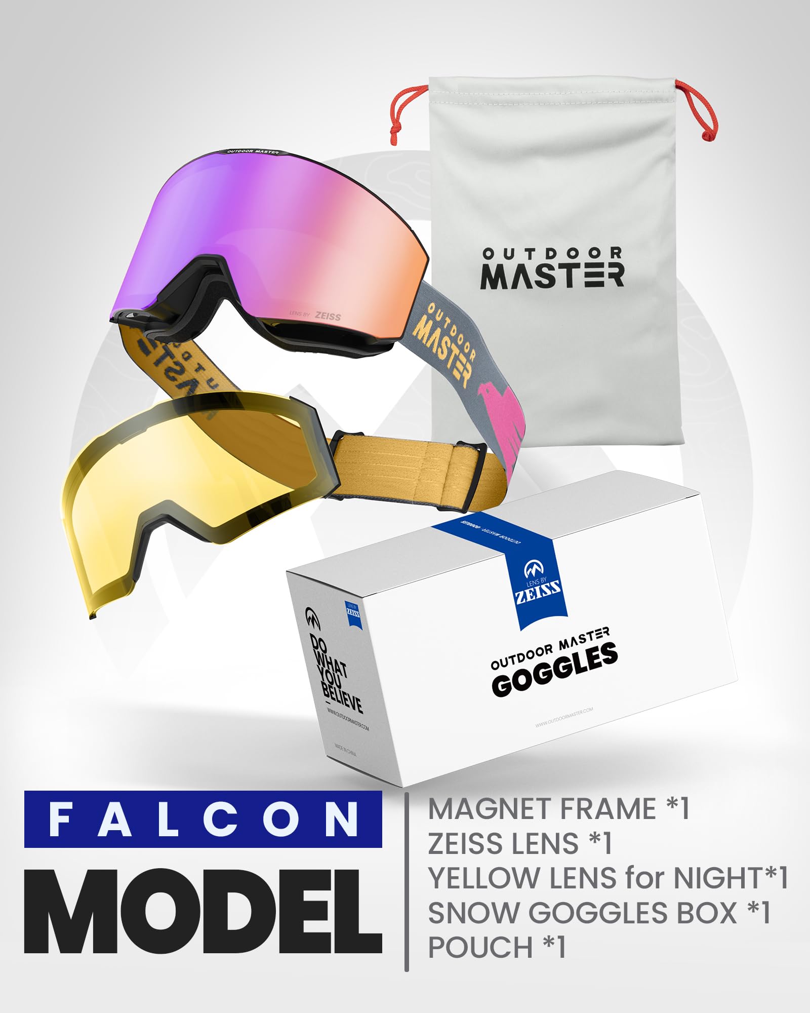 OutdoorMaster Falcon Skibrille ZEISS Magnet Wechselglas Anti-Beschlag | ZEISS Präzisionsoptik, Anti-Beschlag, UV-Schutz, Rahmenlos, Dreischicht-Schaum, Helmkompatibel, für Wintersport
