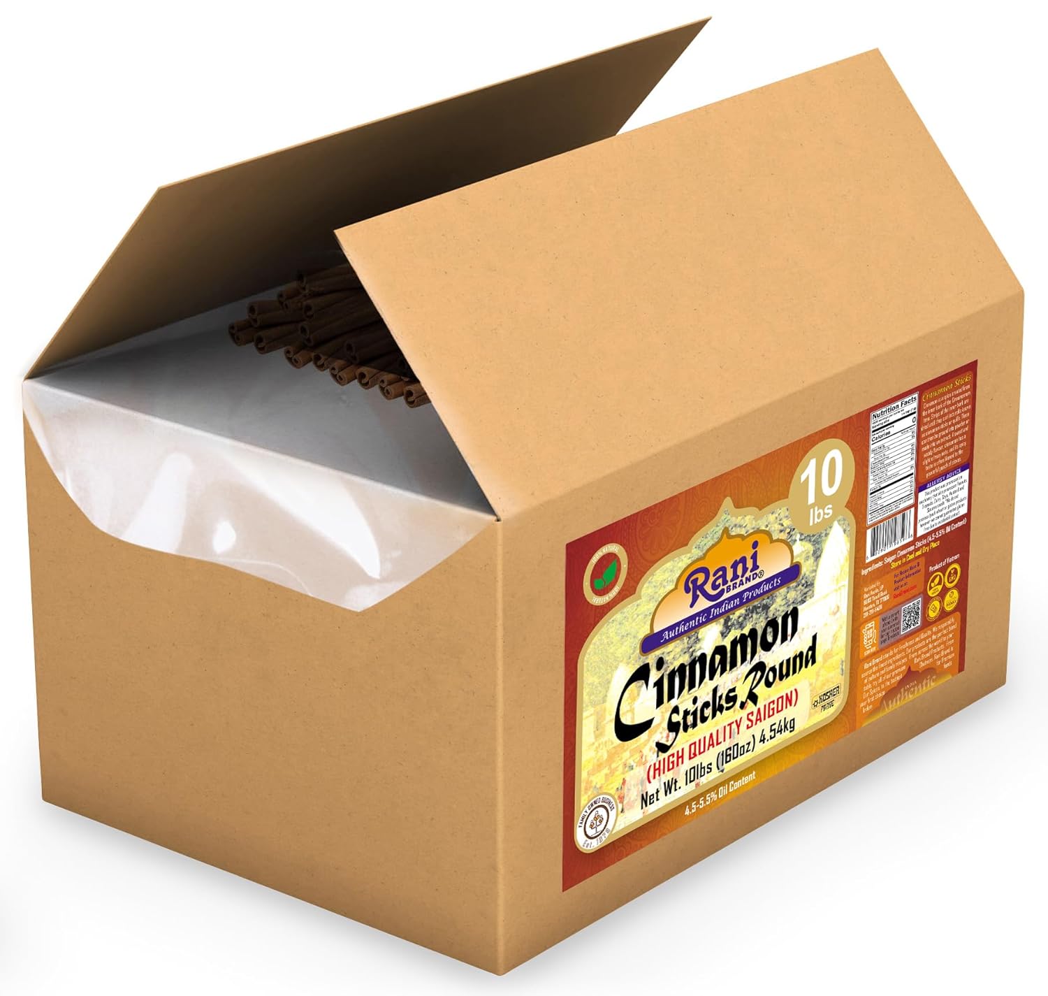 Rani Cinnamon Sticks 160oz (10lbs) 4.54kg Bulk Box - 875-1000 Sticks - Strong Aroma, Perfect for Baking, Cooking & Beverages | 3+ Inches Length - Cassia Saigon Cinnamon from Vietnam | Kosher