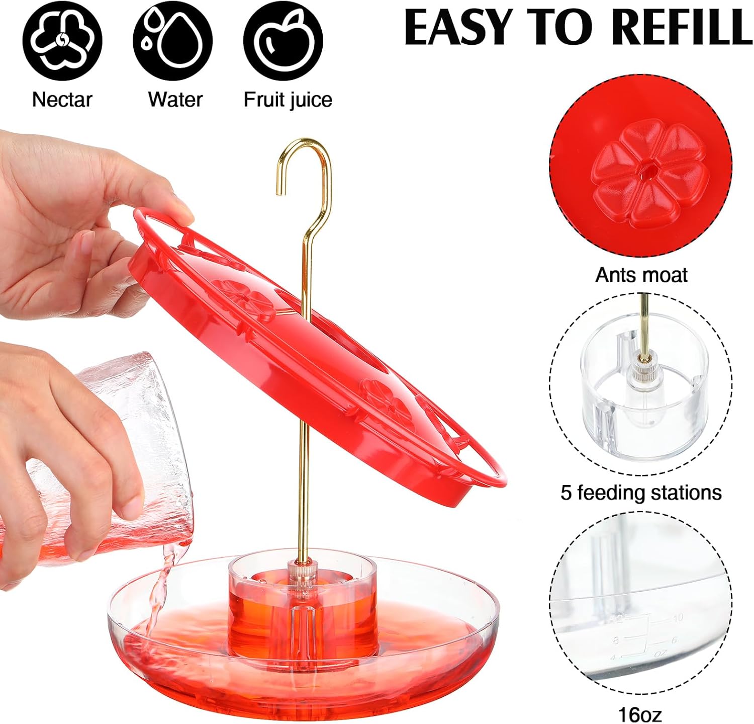 4 Sets Hummingbird Feeder for Outdoors Hanging 16 oz Saucer Humming Feeder with 5 Feeding Ports Flat Hummingbird Feeders Easy to Clean Including Hanging Hook, with Brushes