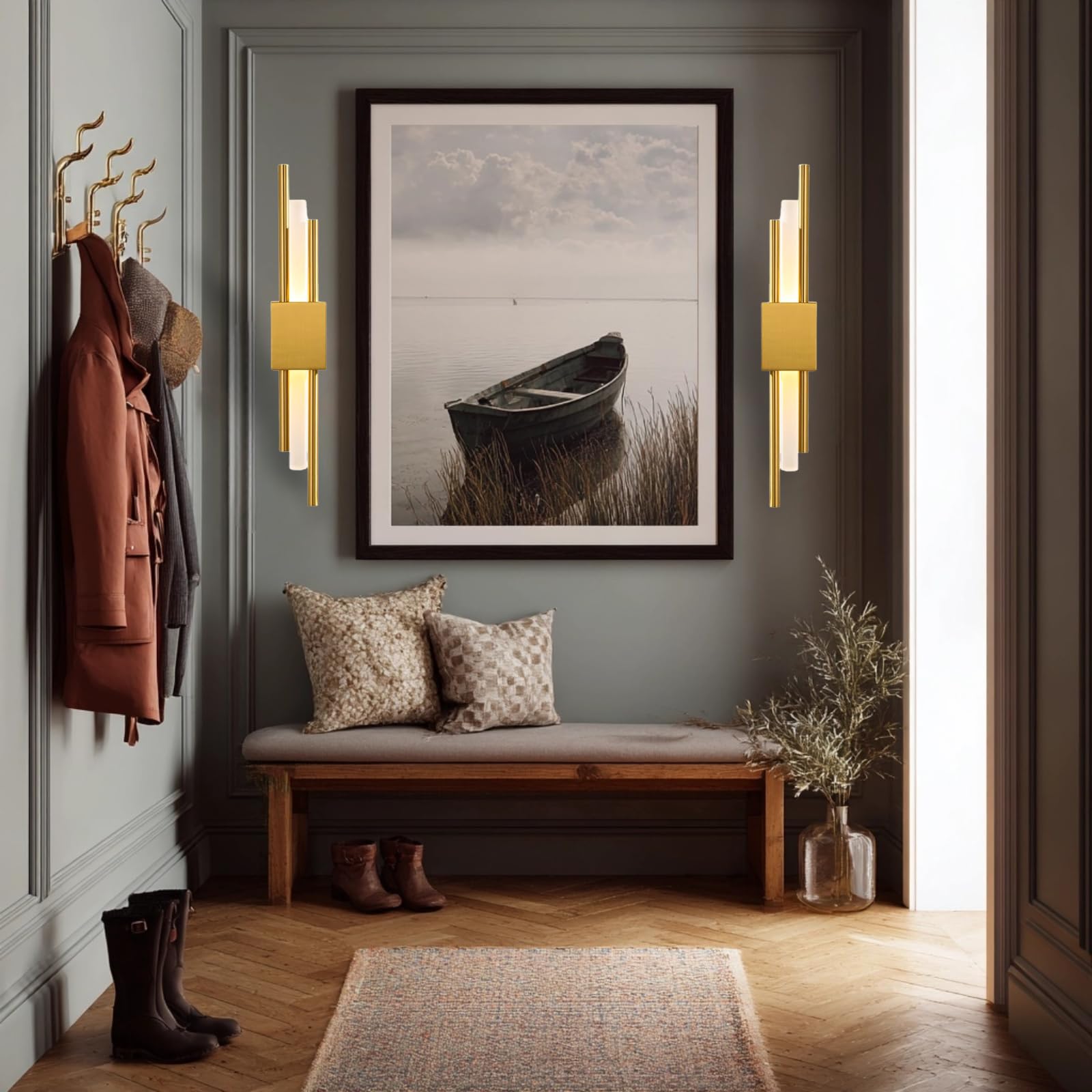 2 Stück Moderne LED Wandleuchte Gold,Vertikale Geometrische Metall Wandlampe mit Acrylschirm,Minimalistische Innenbeleuchtung für Schlafzimmer,Wohnzimmer,Flur,8W,48cm,3 Farbtemperatur (2Stk.L&R)