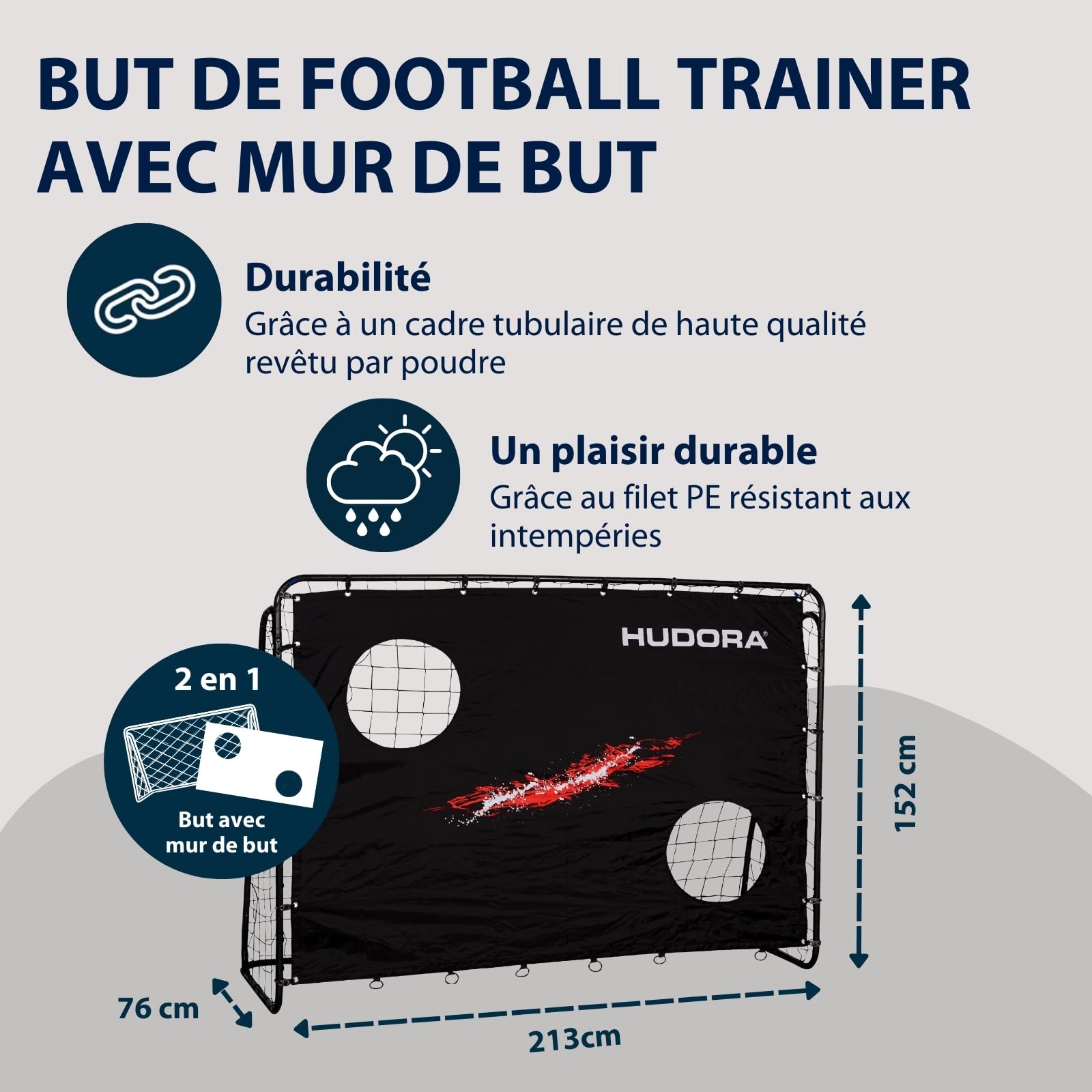 HUDORA But de Football avec Cible - Goal de Football extérieur Robuste pour Enfants & Adultes - Mur de tir avec Deux Trous renforcés