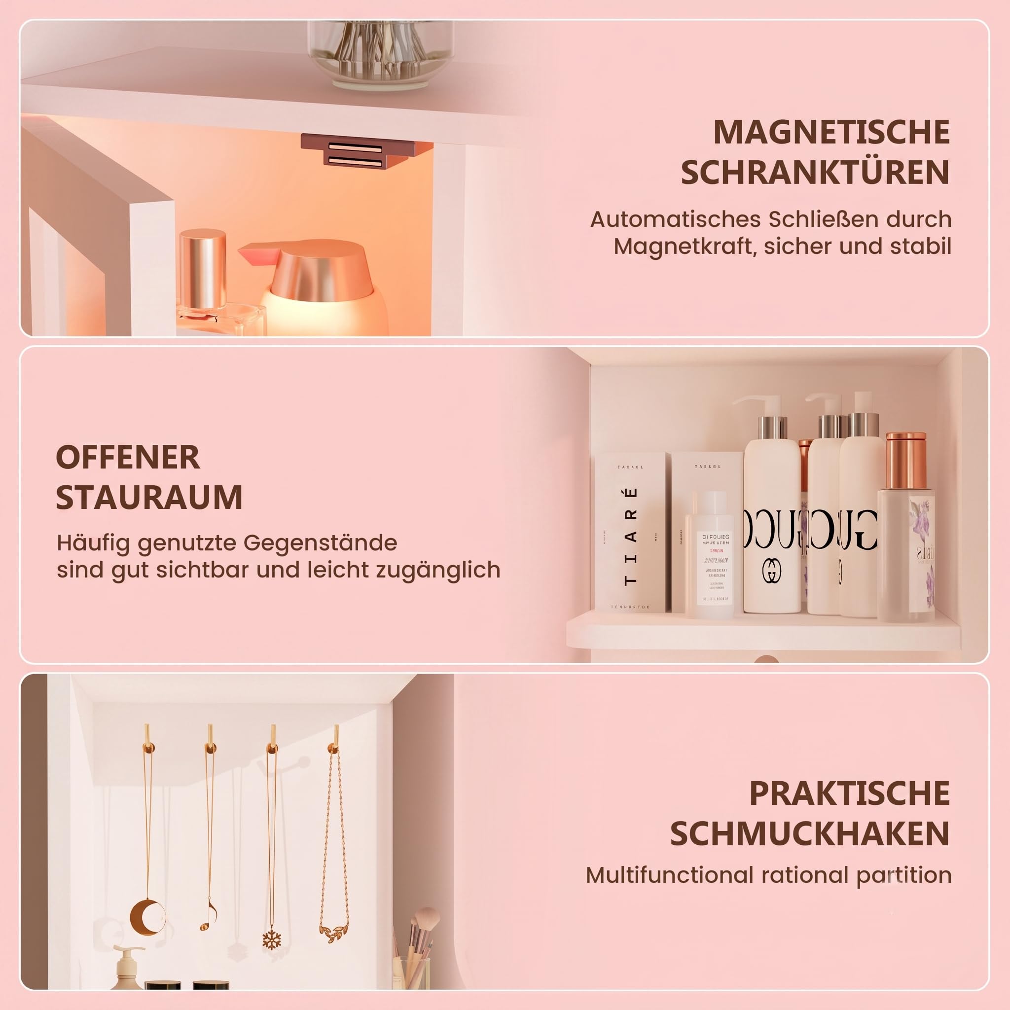 APICIZON Schminktisch mit Beleuchtung und Spiegel, 105 cm mit Steckdose, 5 Schubladen, 2 RGB-Glasvitrinen und Schmuckaufbewahrung, Weiß